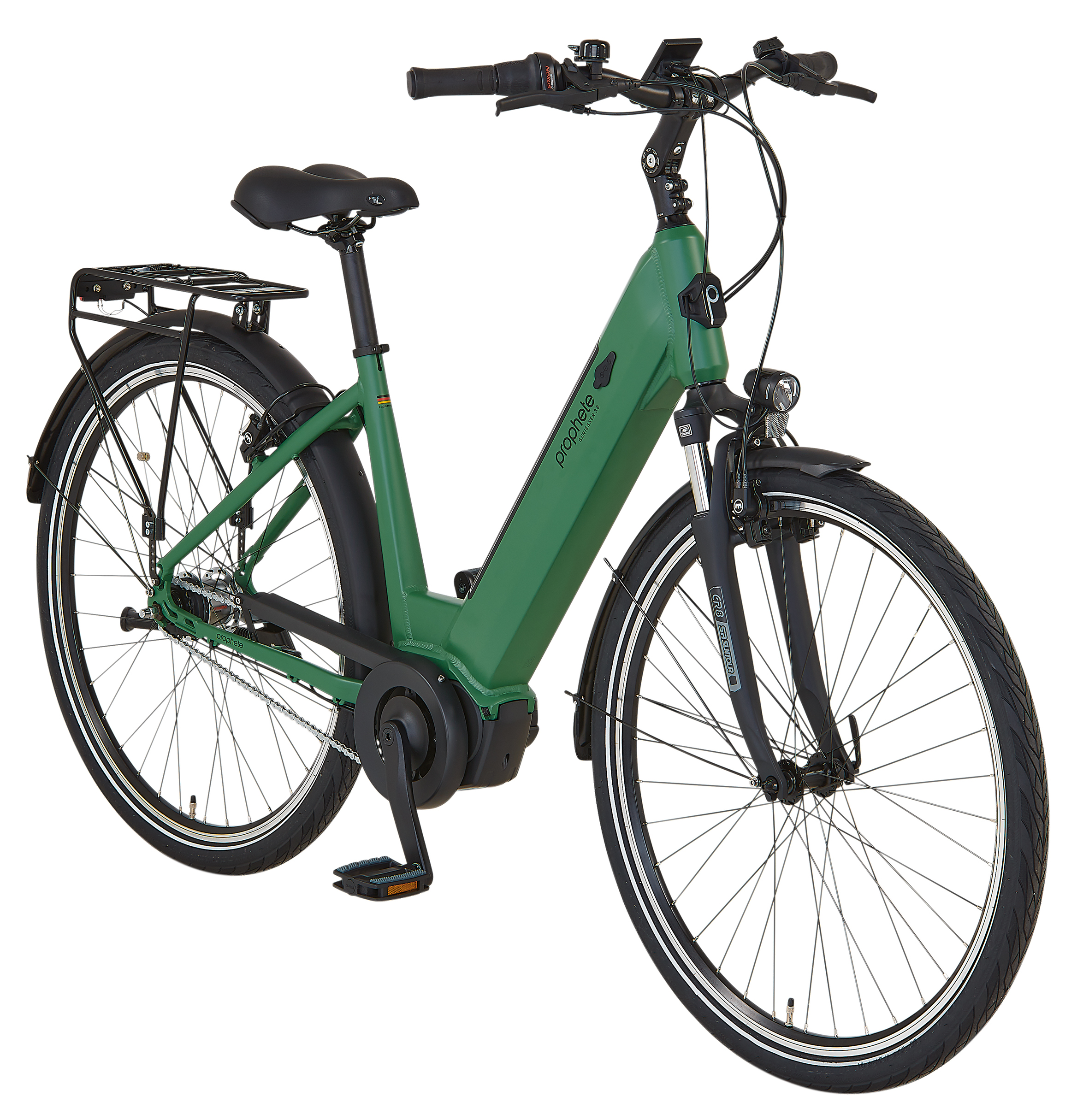 Ein grünes Prophete E-Bike mit schwarzen Reifen und einem schwarzen Sitz steht auf einem weißen Hintergrund.
