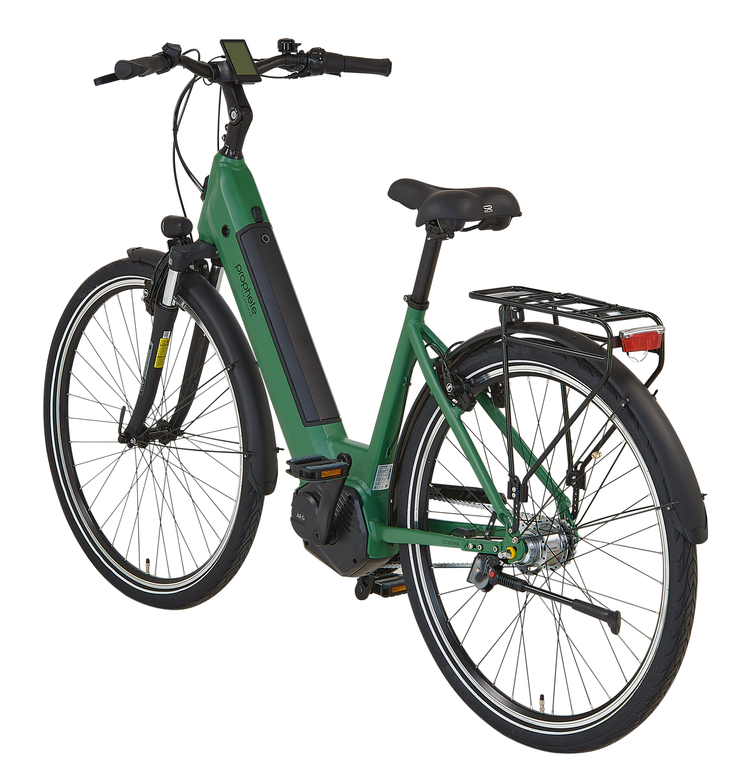 Ein grünes Prophete E-Bike mit schwarzen Reifen und einem schwarzen Gepäckträger steht auf einem weißen Hintergrund.