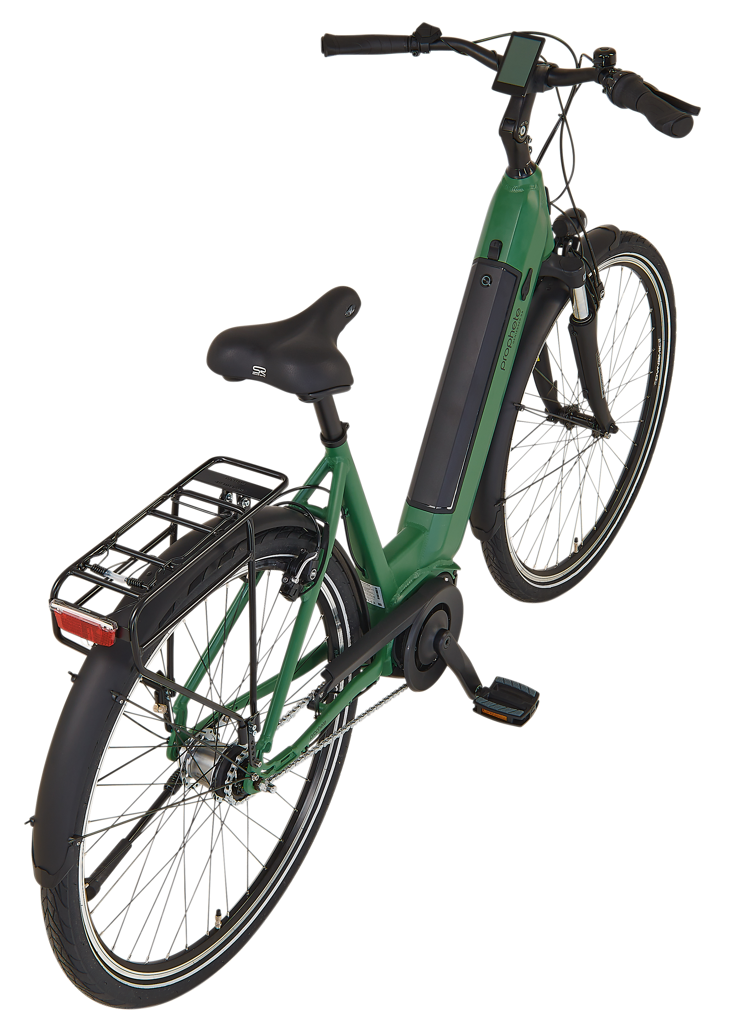 Ein grünes Prophete E-Bike mit schwarzen Reifen und einem schwarzen Gepäckträger auf einem weißen Hintergrund.