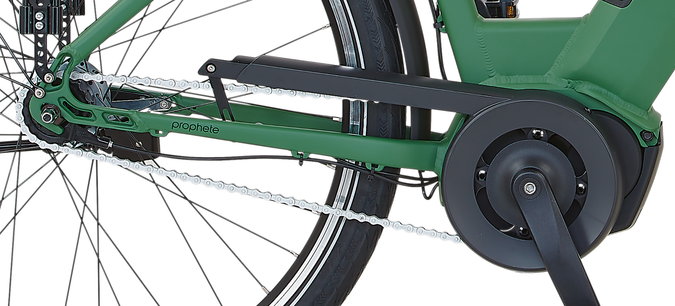Nahaufnahme des Ketten- und Pedalbereichs eines grünen Prophete E-Bikes vor einem weißen Hintergrund.