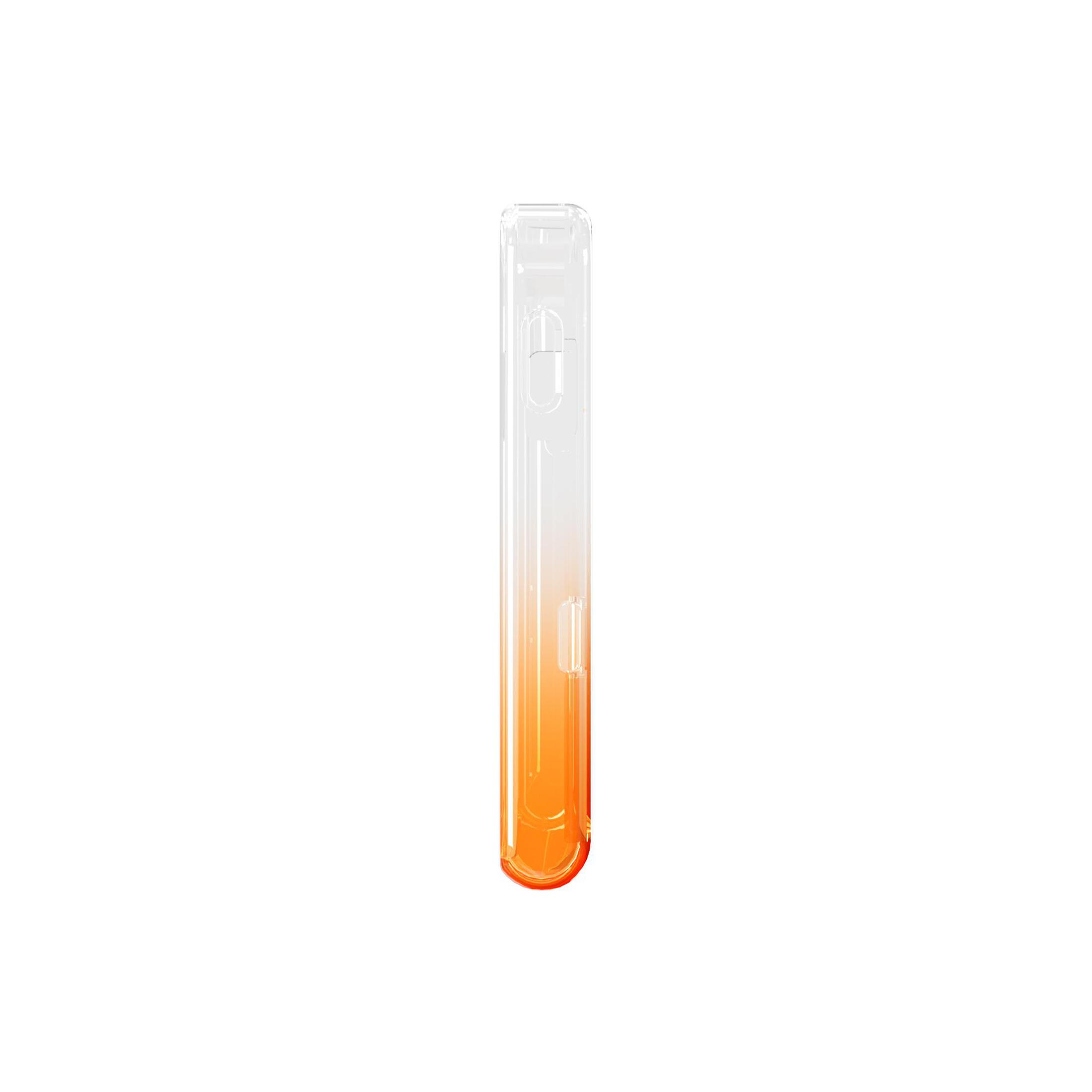 Eine durchsichtige Handyhülle mit einem orangefarbenen Ombre-Effekt am unteren Rand, von der Seite gesehen, auf weißem Hintergrund.