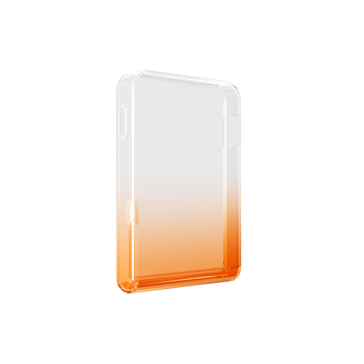 Klare Handyhülle mit orangefarbenem Ombre-Effekt am unteren Rand, schräge Ansicht auf weißem Hintergrund.