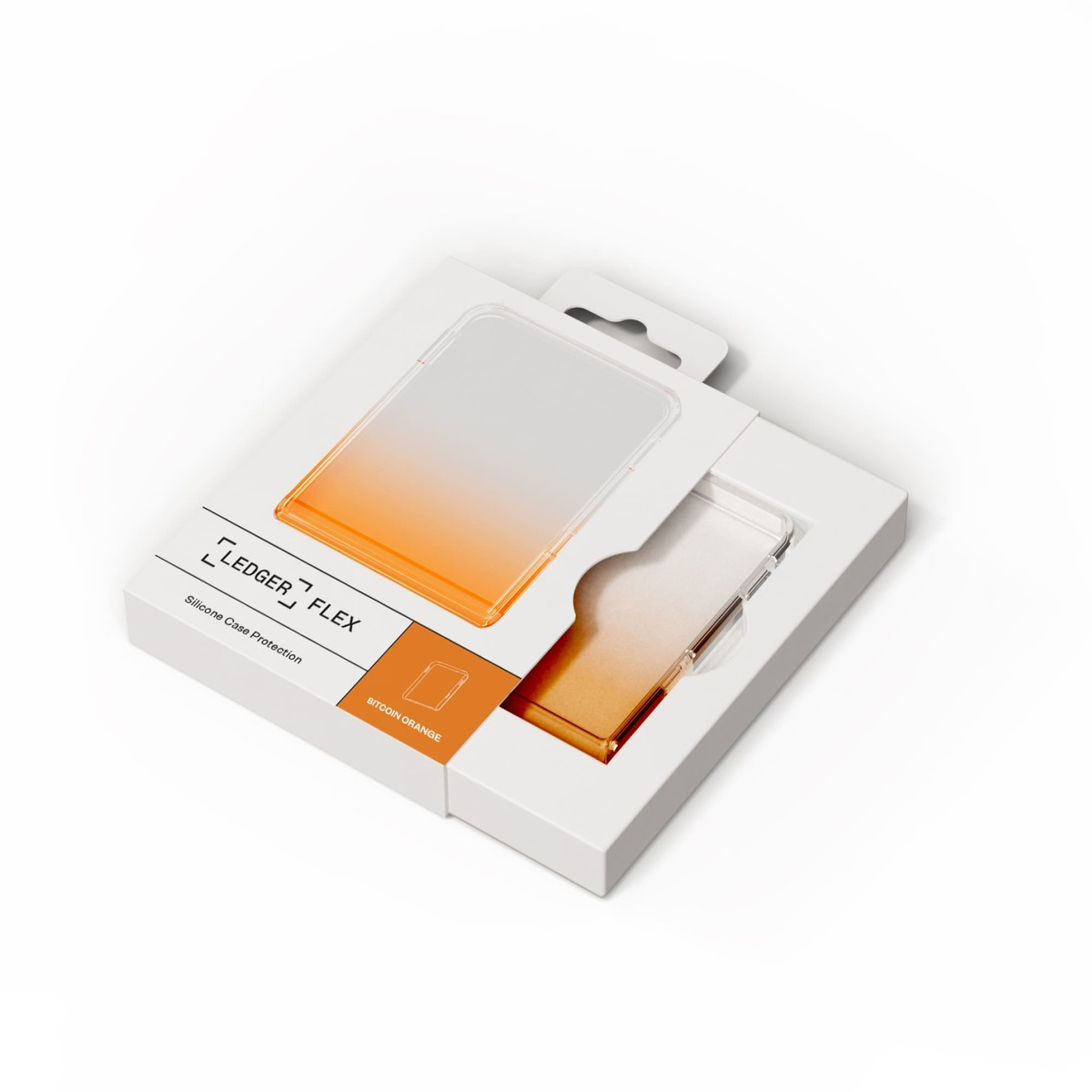 Ledger Flex Handyhülle in Bitcoin-Orange-Verpackung, mit einer klaren Hülle mit orangefarbenem Ombre-Effekt am unteren Rand.