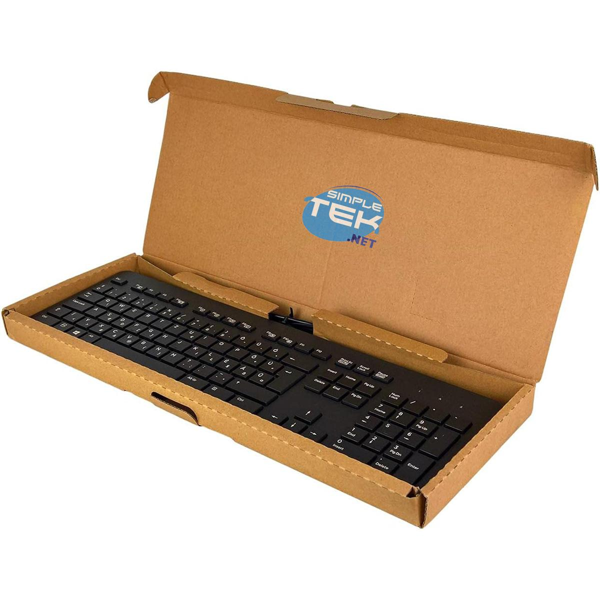 Schwarze Simple Tek-Tastatur in einem braunen Karton mit dem aufgedruckten Markenlogo.