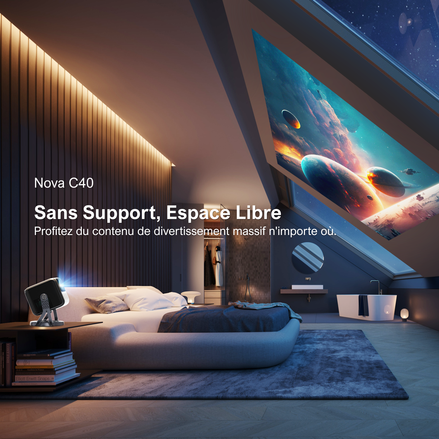 Chambre avec projecteur affichant une scène spatiale sur une lucarne, comprenant un lit, un tapis et un éclairage tamisé.
