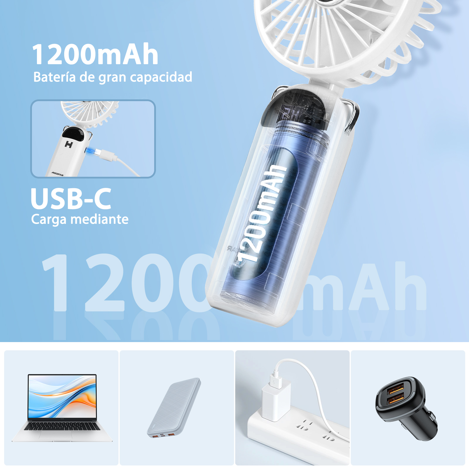 Viene mostrata una ventola bianca con display. È visibile una scatola con la batteria. Vengono mostrate immagini delle opzioni di ricarica.
