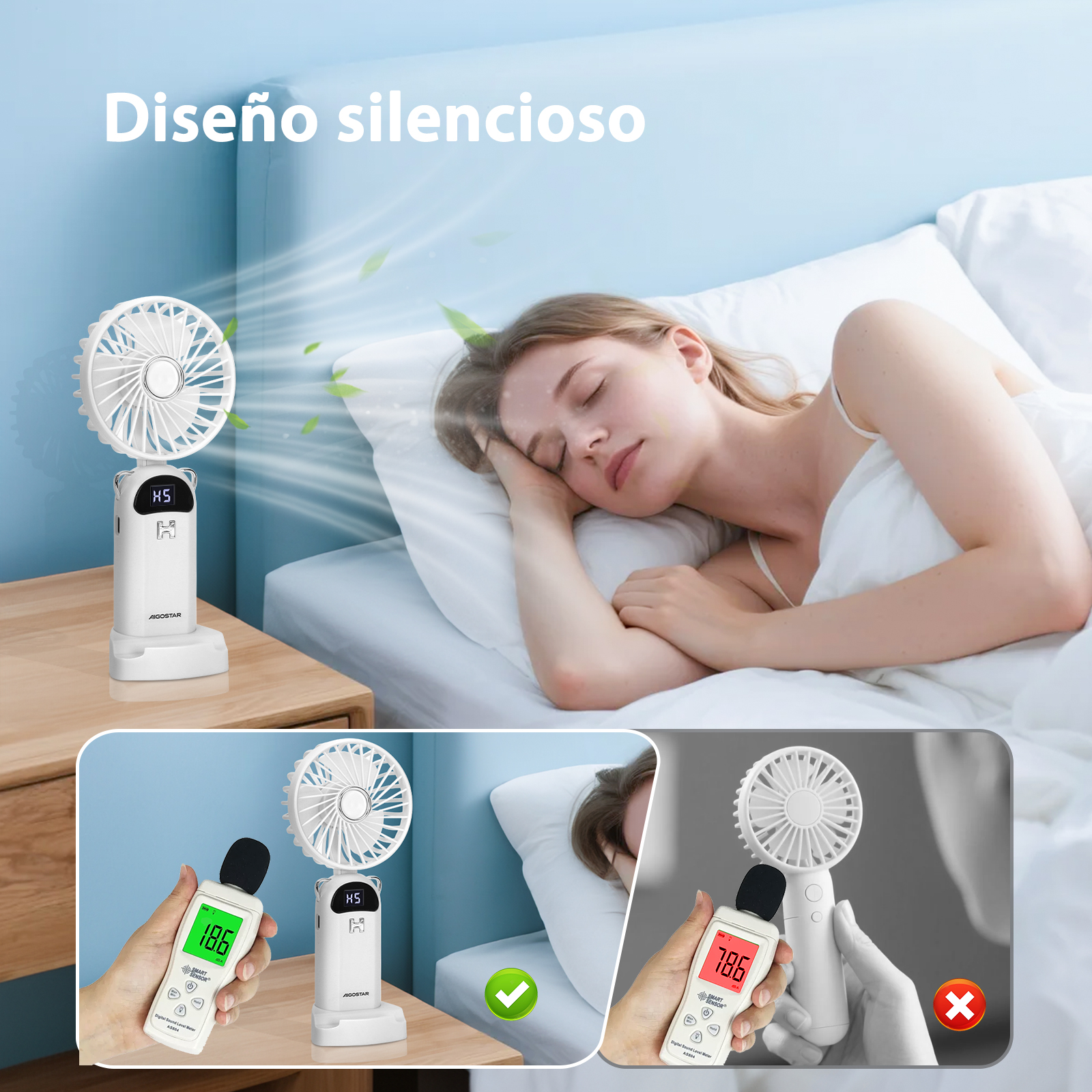 Una donna dorme mentre un ventilatore è sul comodino. Un confronto mostra che la ventola è silenziosa.