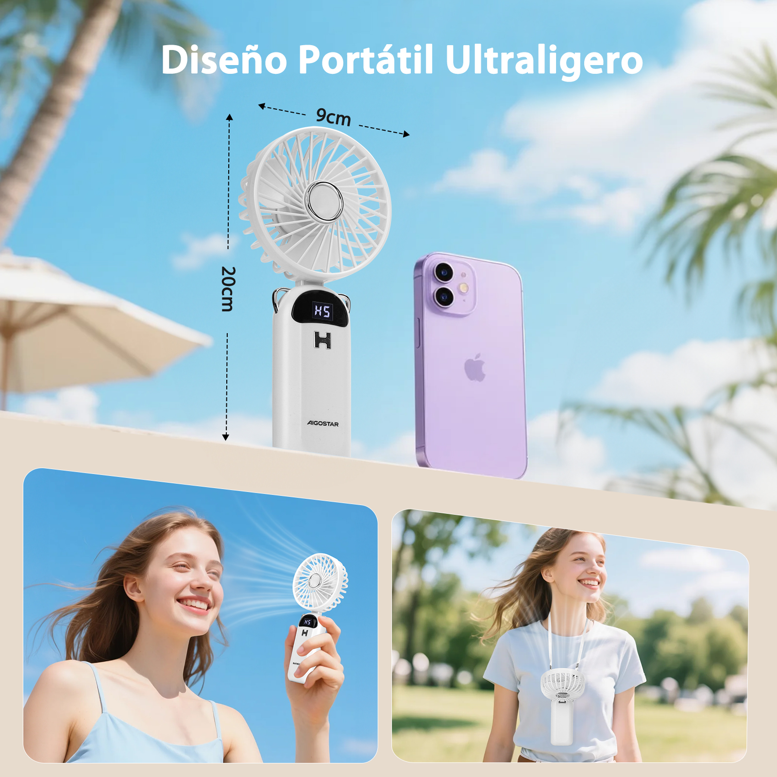 Una ventola bianca viene mostrata con dimensioni e un telefono. Una donna sorride e tiene la ventola all'aperto.