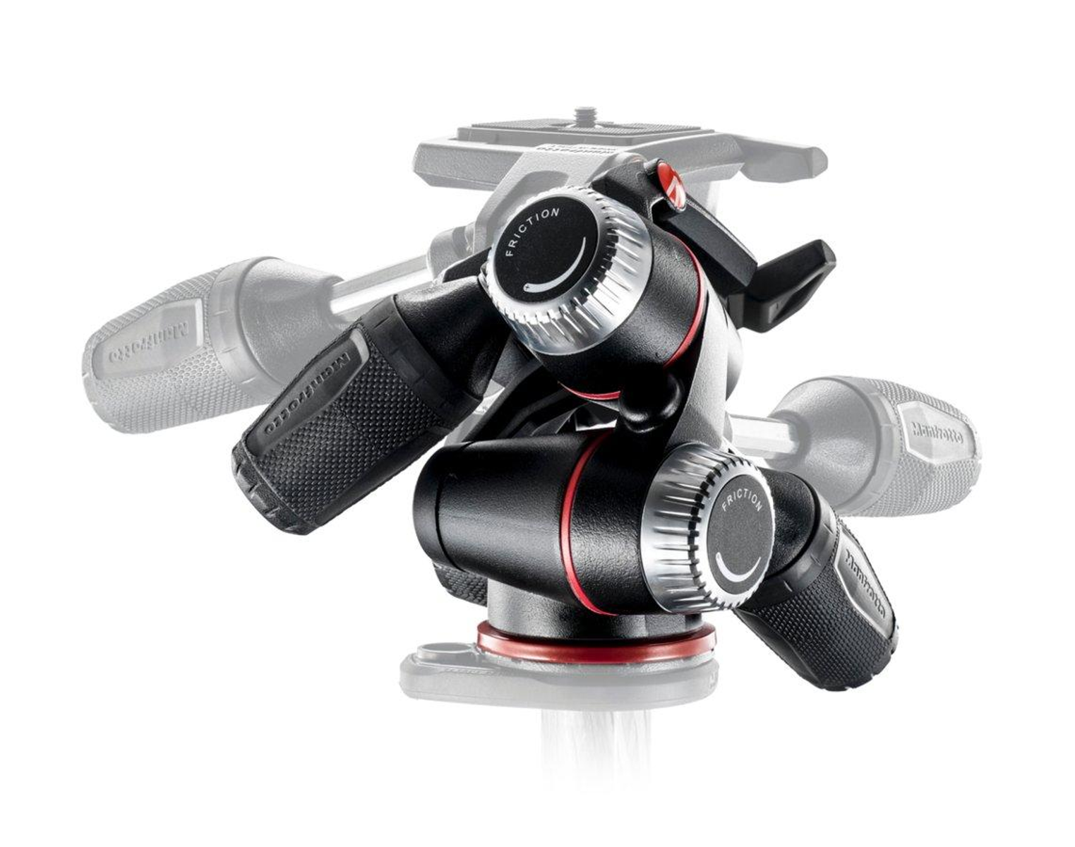 Een zwarte Manfrotto statiefkop op een witte achtergrond, met de verstelbare functies.