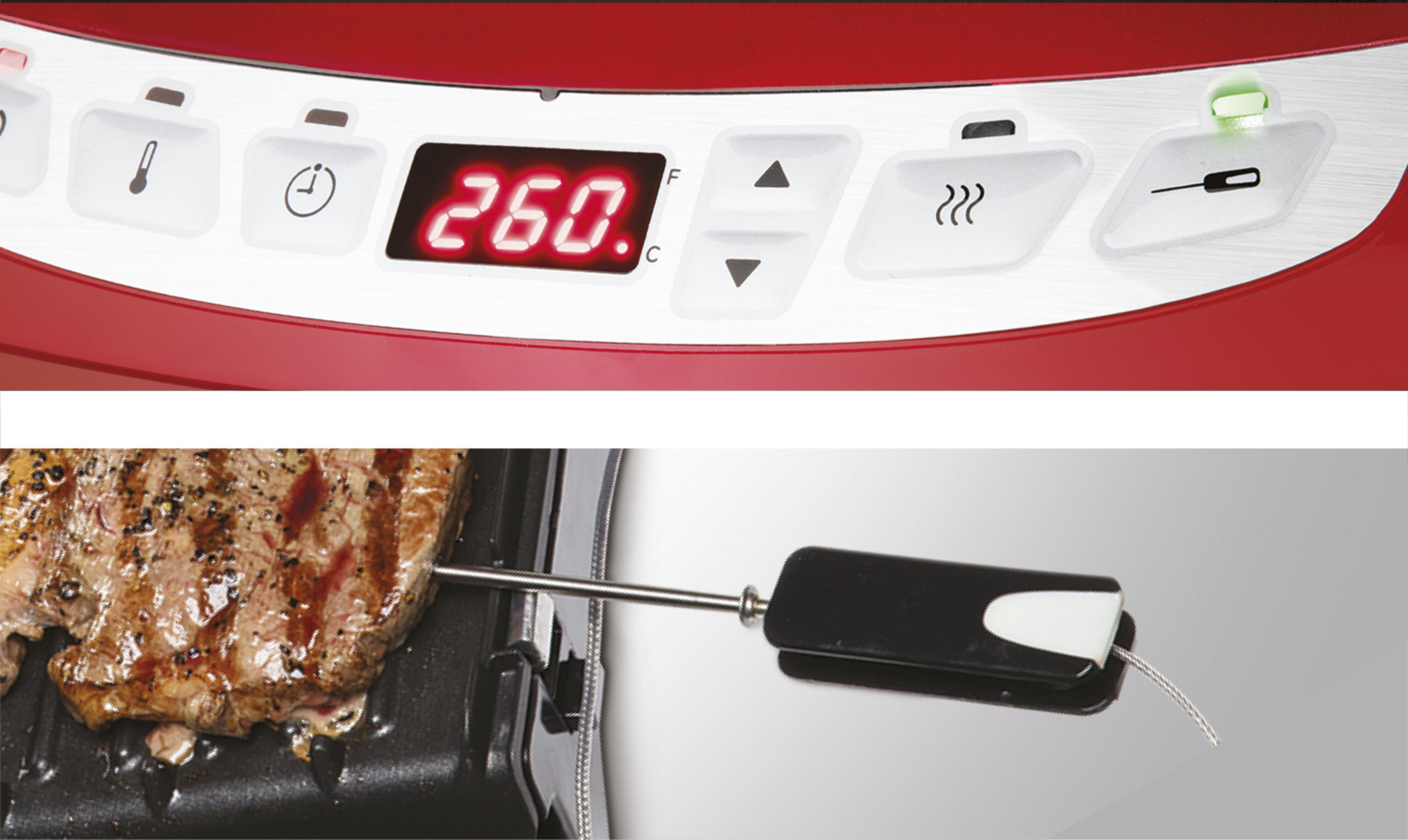 Kırmızı bir George Foreman ızgarasının kontrol paneli dijital bir ekran gösteriyor ve bir sıcaklık probu bir bifteğe yerleştirilmiş.