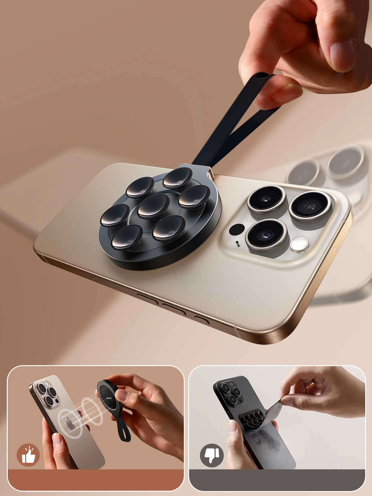 Ręka trzyma telefon z przymocowanym uchwytem magnetycznym, który ma pasek dla bezpiecznego trzymania.