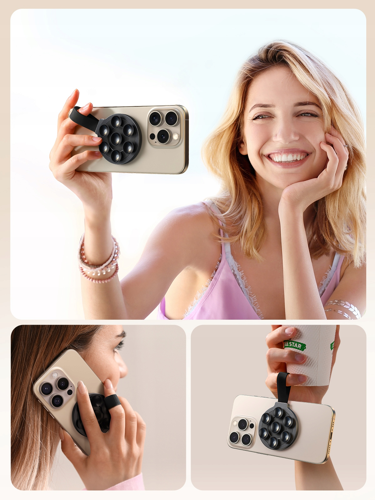 Uśmiechnięta kobieta trzyma telefon z magnetycznym uchwytem i paskiem na nadgarstek, pokazując jego wygodne użycie.