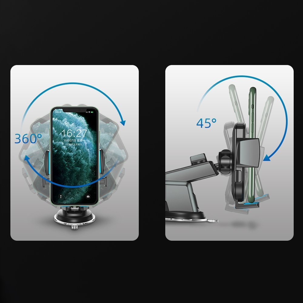 Dwa schematy uchwytów na telefon: jeden pokazujący obrót o 360° a drugi pochylenie o 45°.