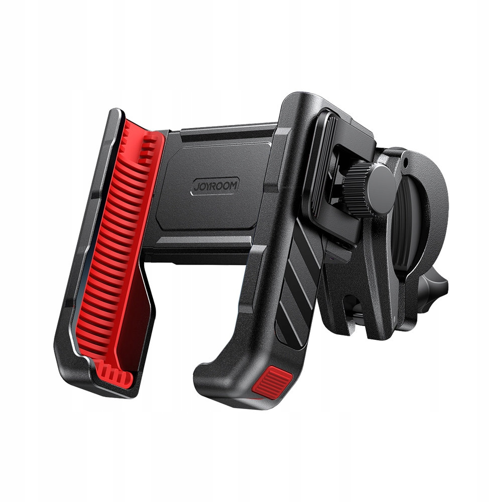 Zbliżenie czarnego uchwytu na telefon z czerwonymi gumowymi uchwytami. Widoczna marka Joyroom. Do roweru.