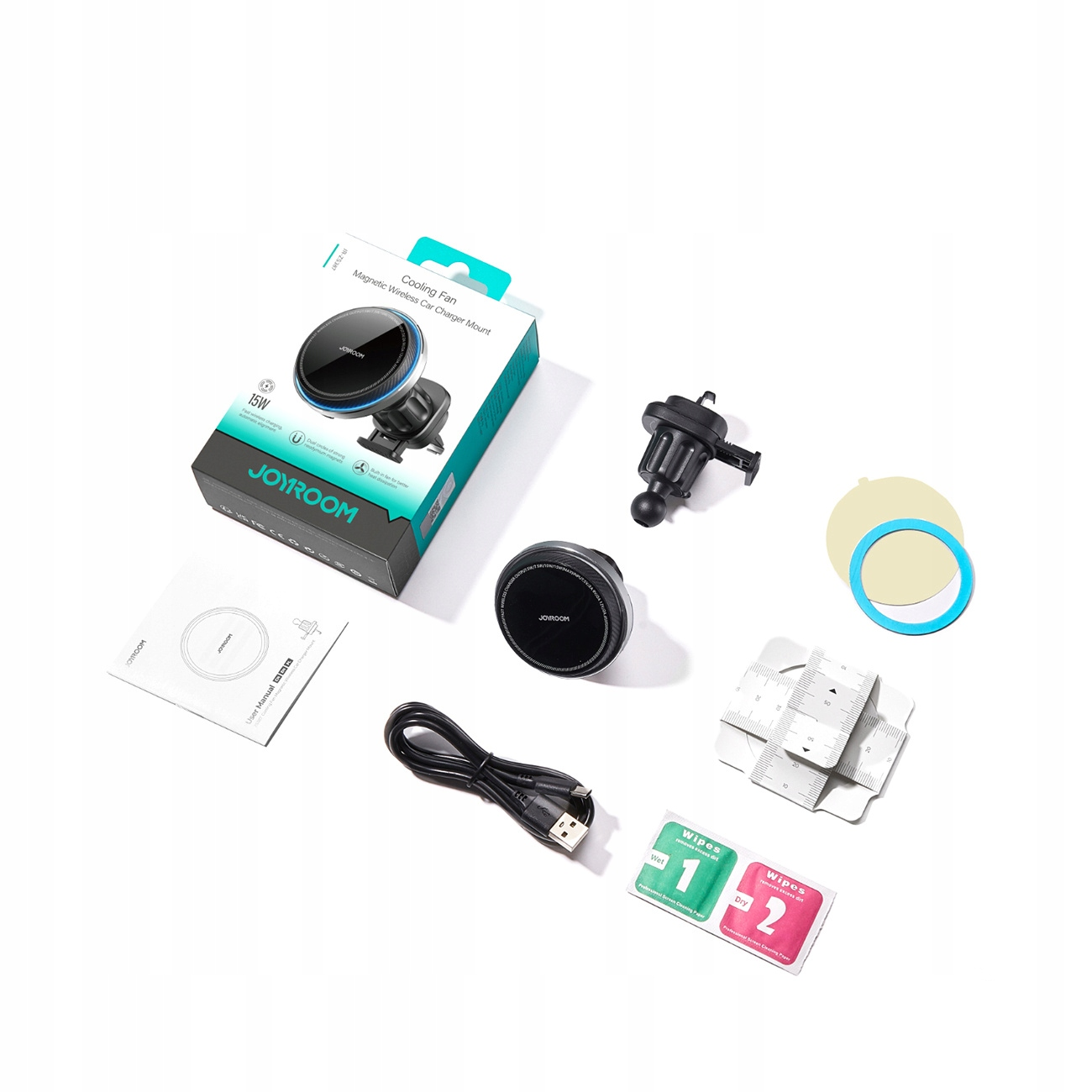 Pudełko z logo Joyroom, ładowarką bezprzewodową, kablem i innymi akcesoriami na białej powierzchni.