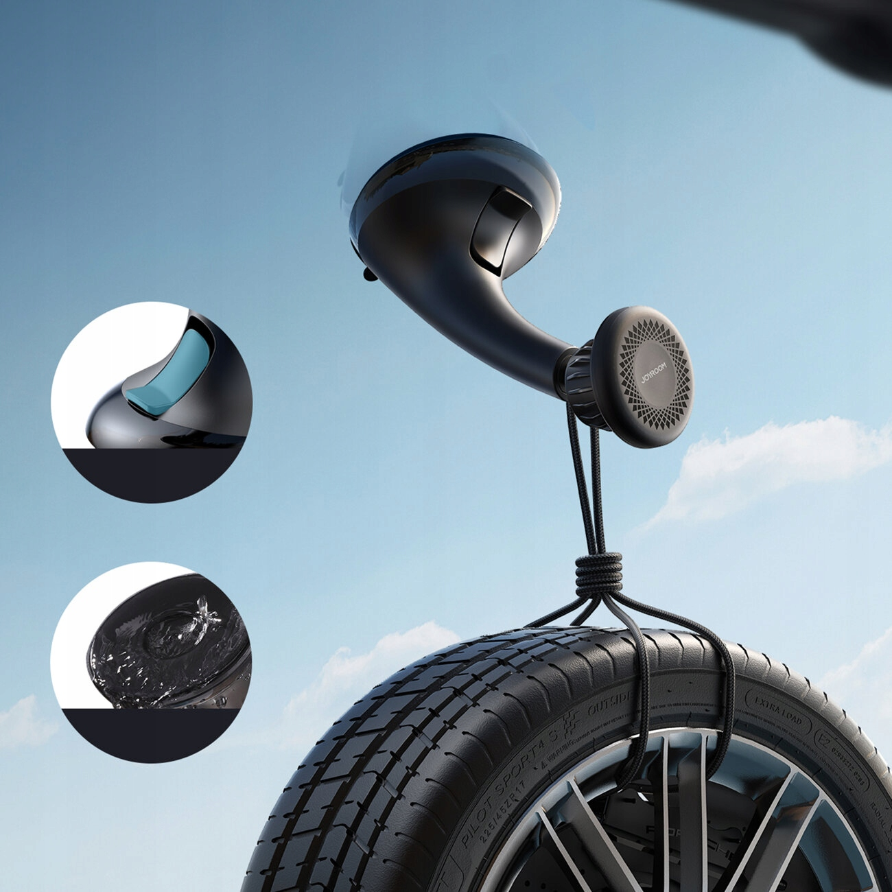 Uchwyt do telefonu samochodowego przymocowany do opony. Dwa mniejsze zdjęcia pokazują szczegóły uchwytu.