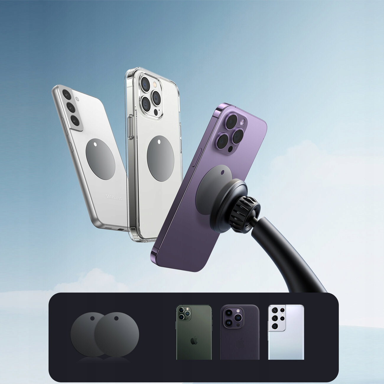 Wiele telefonów w etui z uchwytem do telefonu samochodowego. Poniżej pokazano dodatkowe etui na telefony.