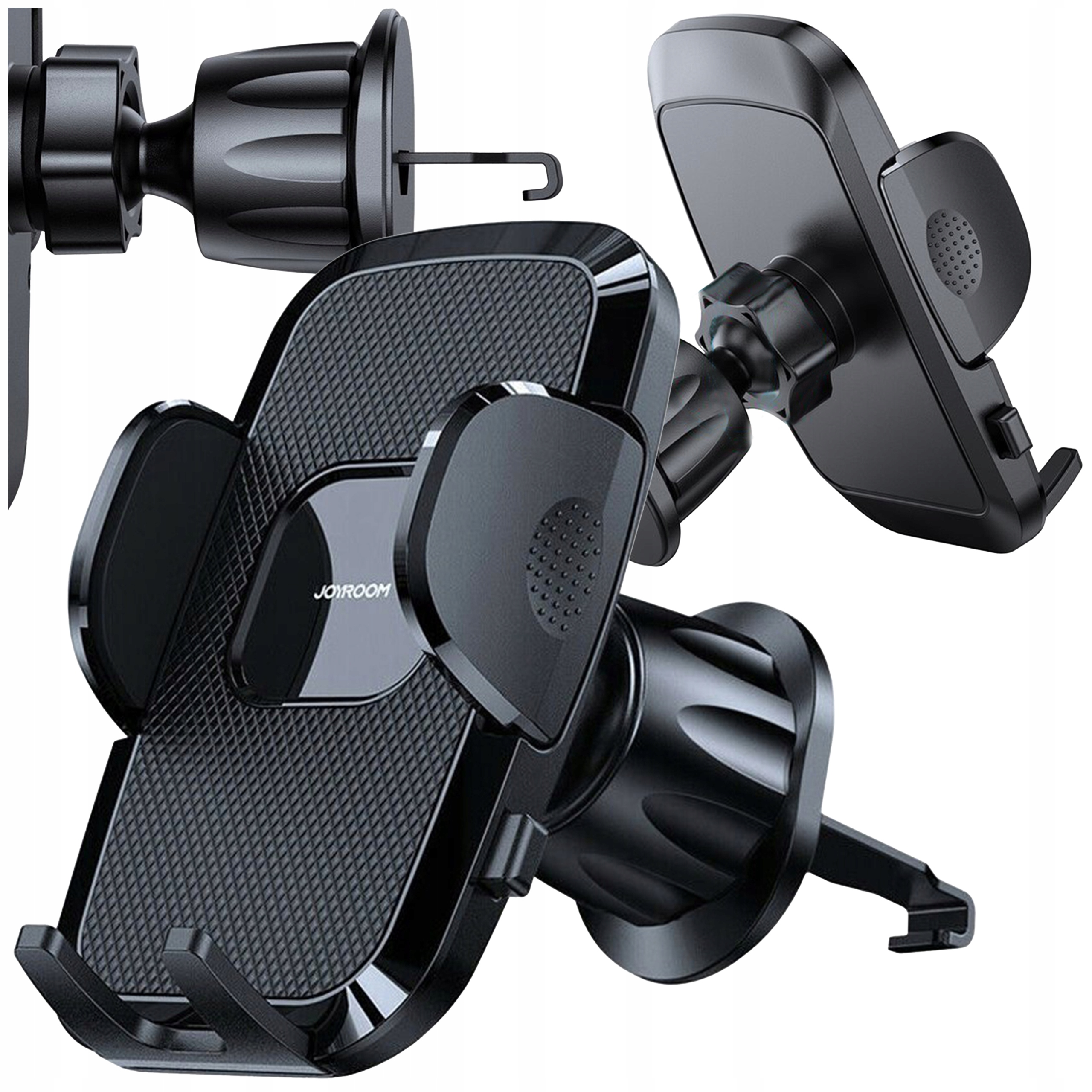 Zdjęcia uchwytu do telefonu samochodowego z różnych perspektyw, ukazujące jego cechy i konstrukcję.