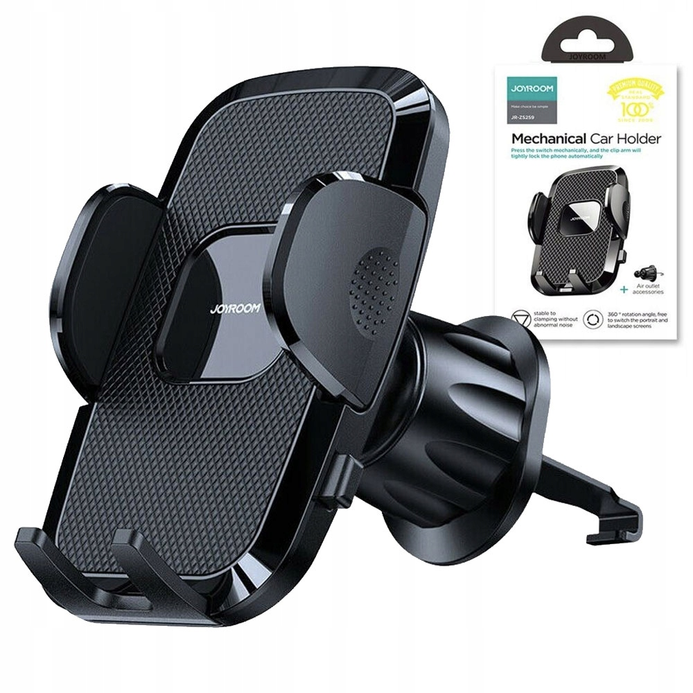 Uchwyt do telefonu samochodowego z pudełkiem pokazującym jego szczegóły i grafiką z tekstem o jego funkcjach.