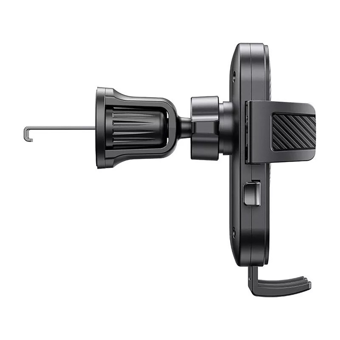 Czarny uchwyt na telefon samochodowy. Posiada haczyk, przegub i zacisk.