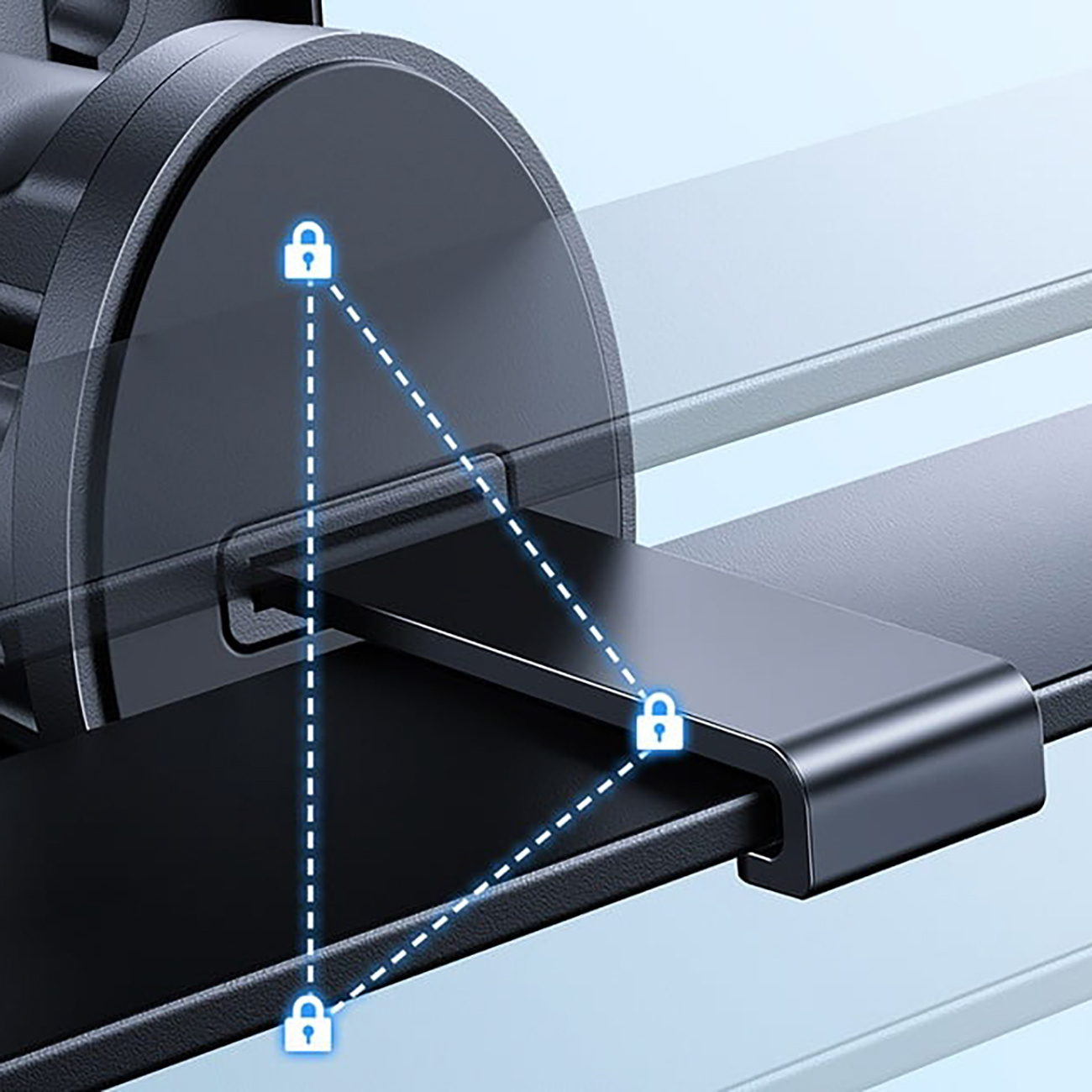 Zbliżenie czarnego uchwytu na telefon z ikoną kłódki i przerywanymi liniami.