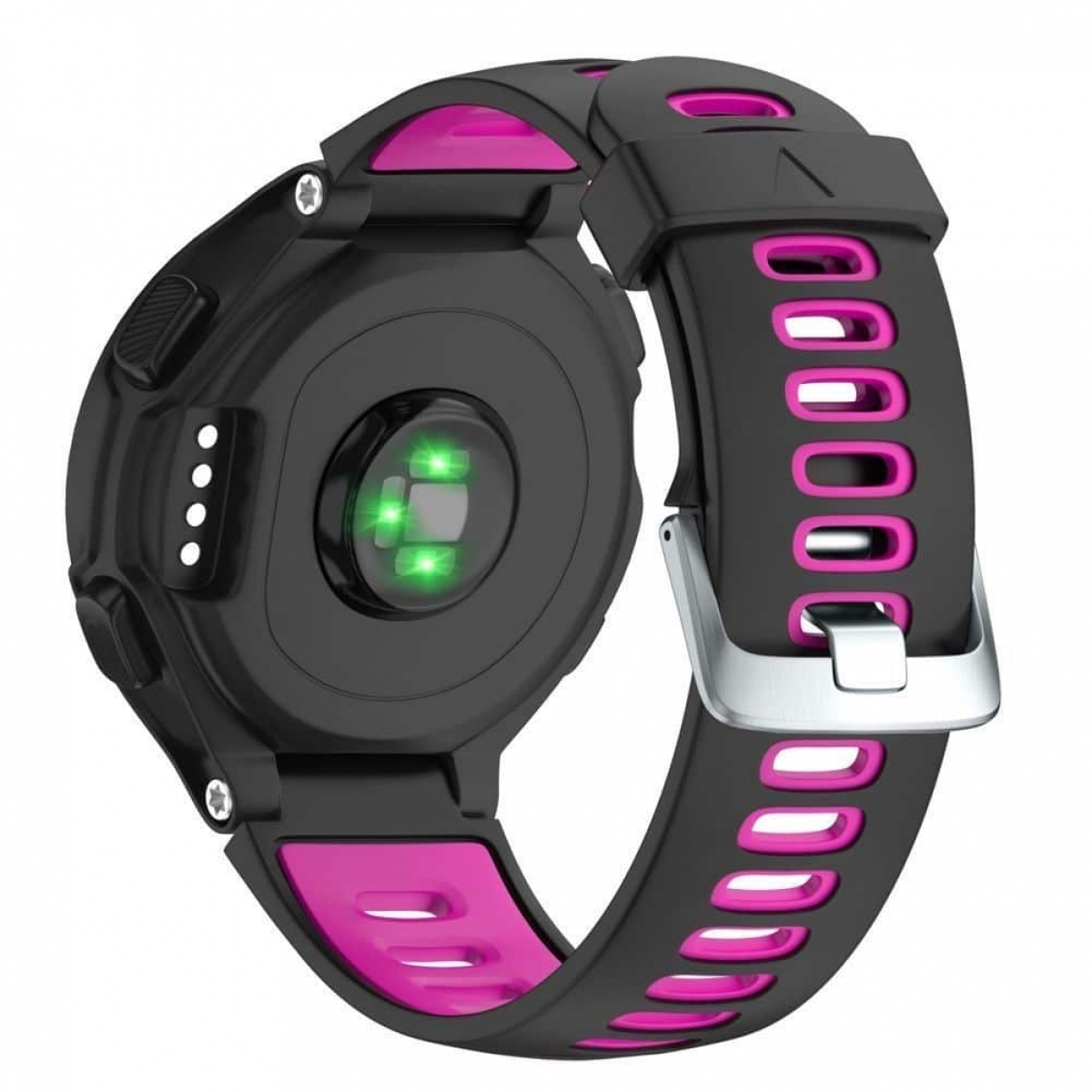 Schwarze Smartwatch mit rosa Akzenten. Die Rückseite hat ein grünes Licht und einen Herzfrequenzsensor. Das Band ist rosa.