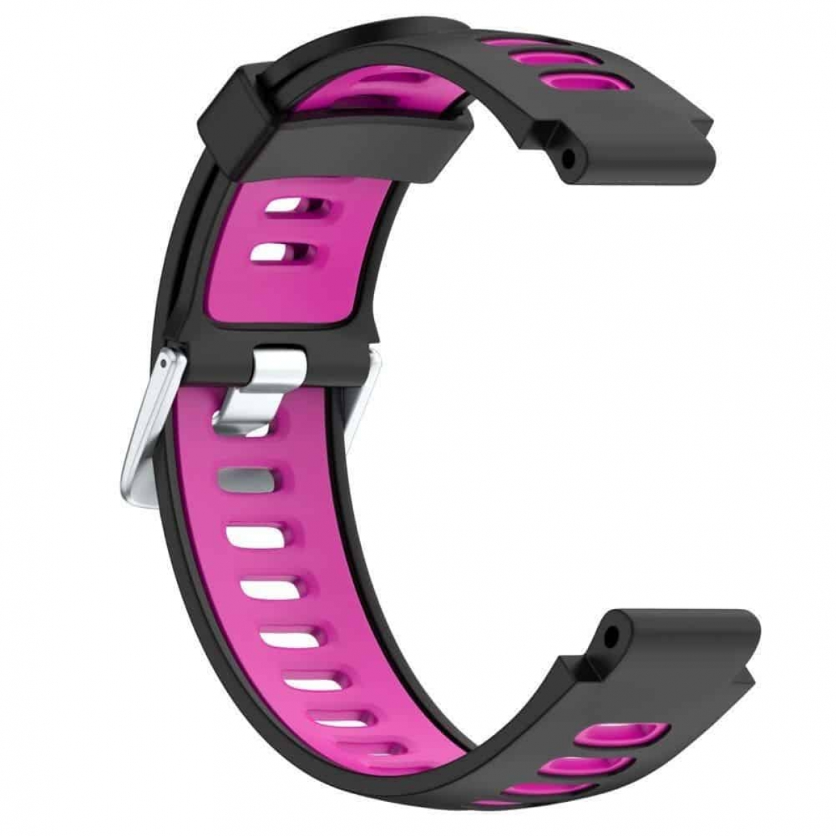 Rosafarbenes Smartwatch-Armband mit schwarzen Akzenten, unbefestigt, in Form eines C. Das Band ist gebogen.