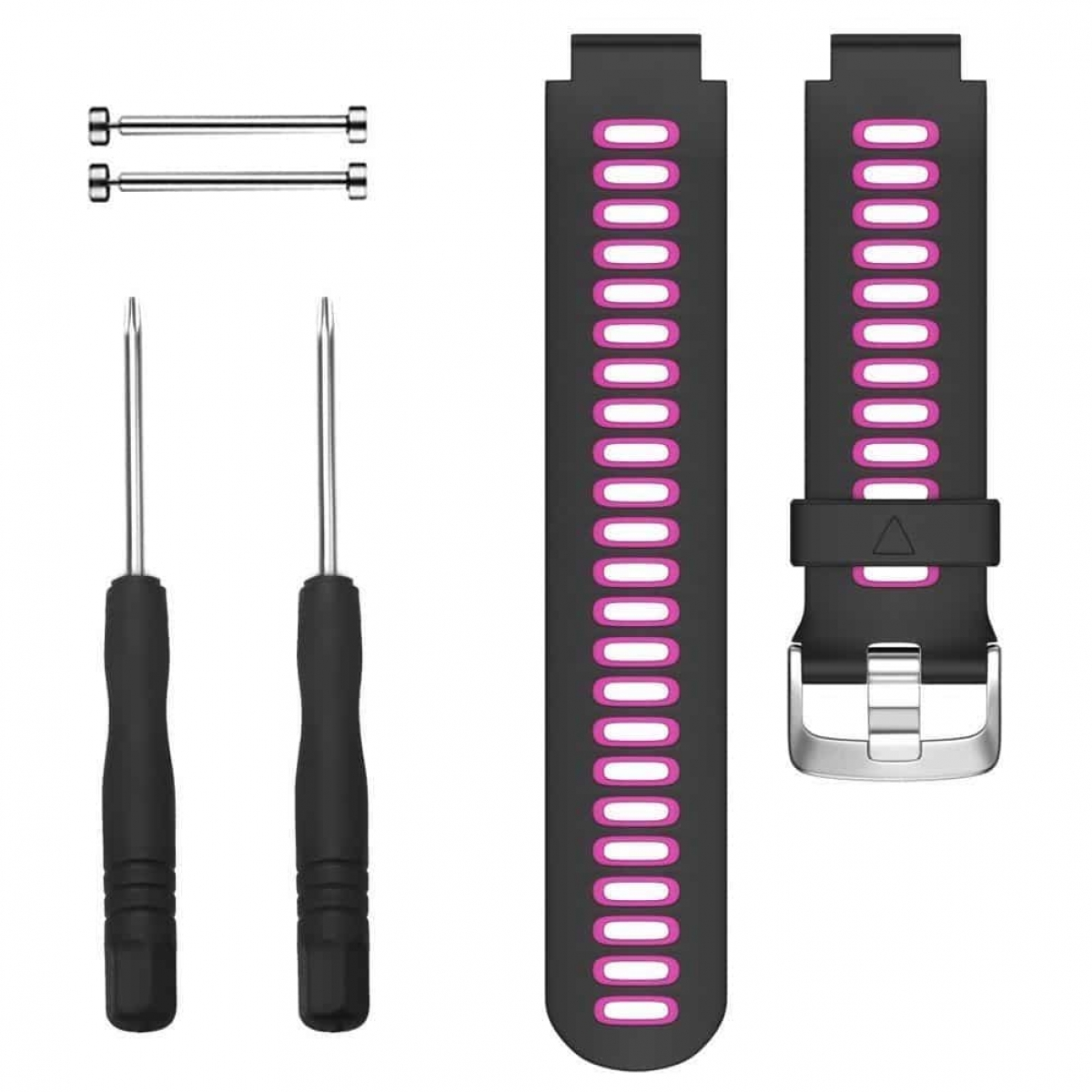 Rosa Smartwatch-Armbänder, zwei Schraubendreher und ein Satz Stifte. Alles auf weißem Hintergrund.