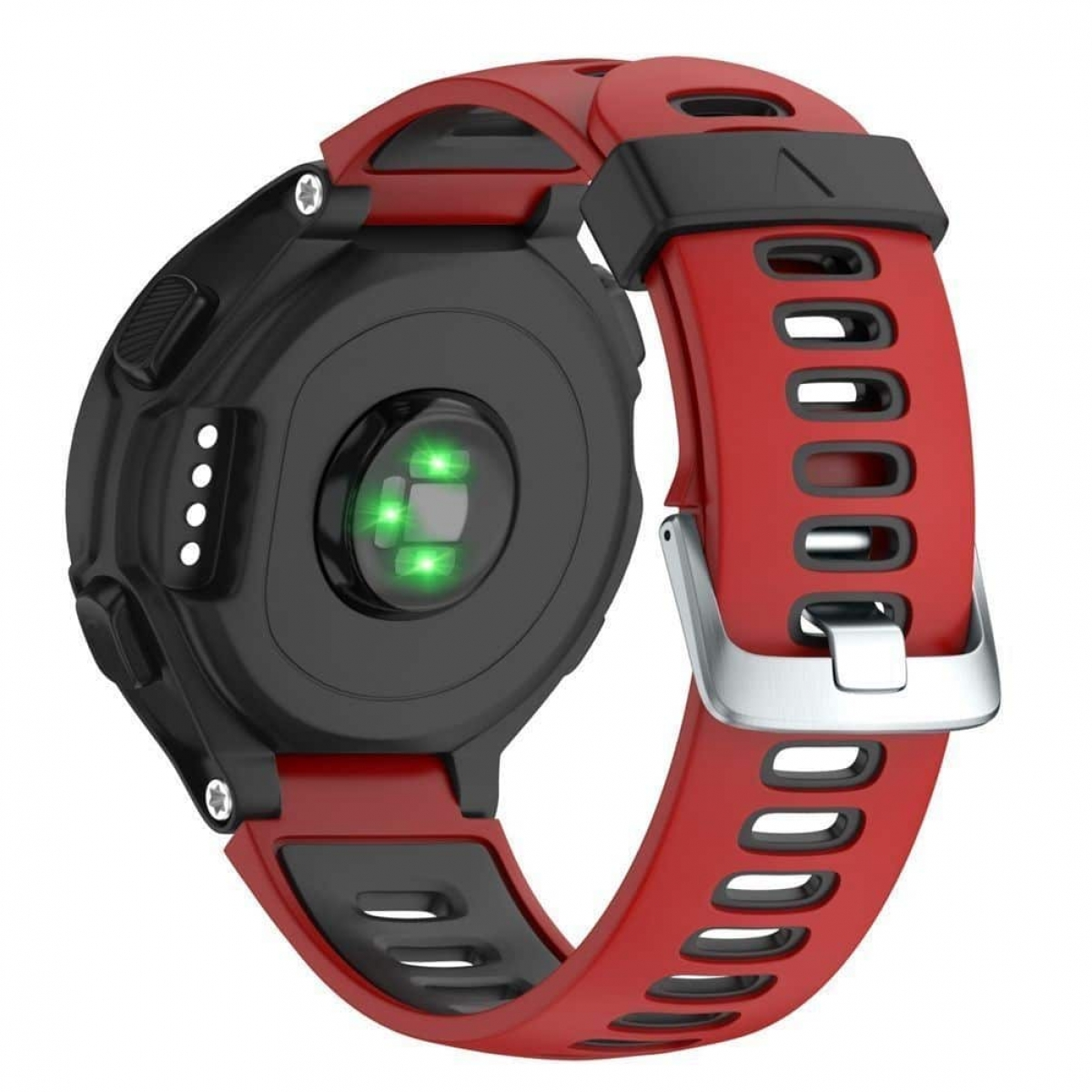 Schwarze Smartwatch mit roten Akzenten. Die Rückseite hat ein grünes Licht und einen Herzfrequenzsensor. Das Band ist rot.