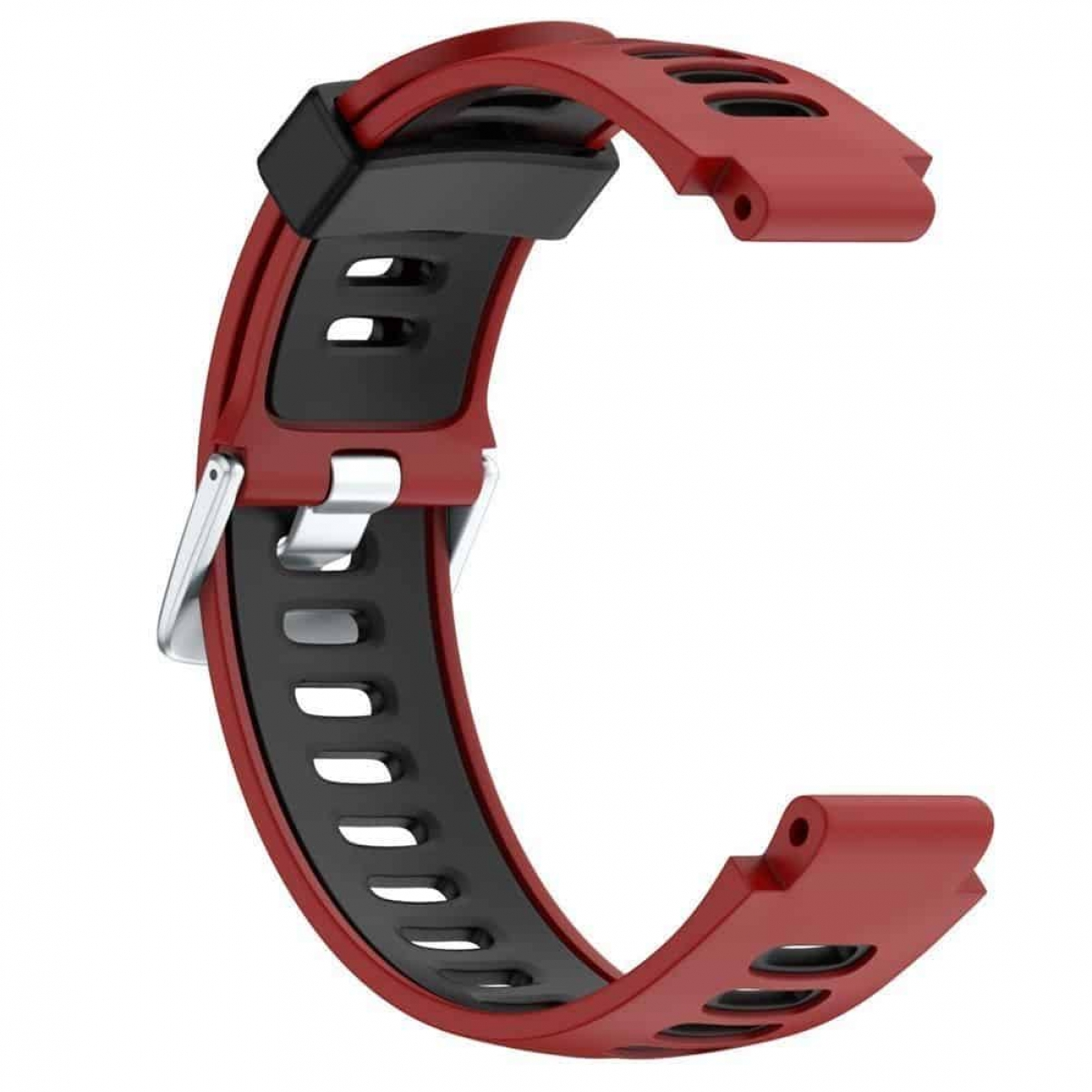 Rotes Smartwatch-Armband mit schwarzen Akzenten, unbefestigt, in Form eines C. Das Band ist gebogen.