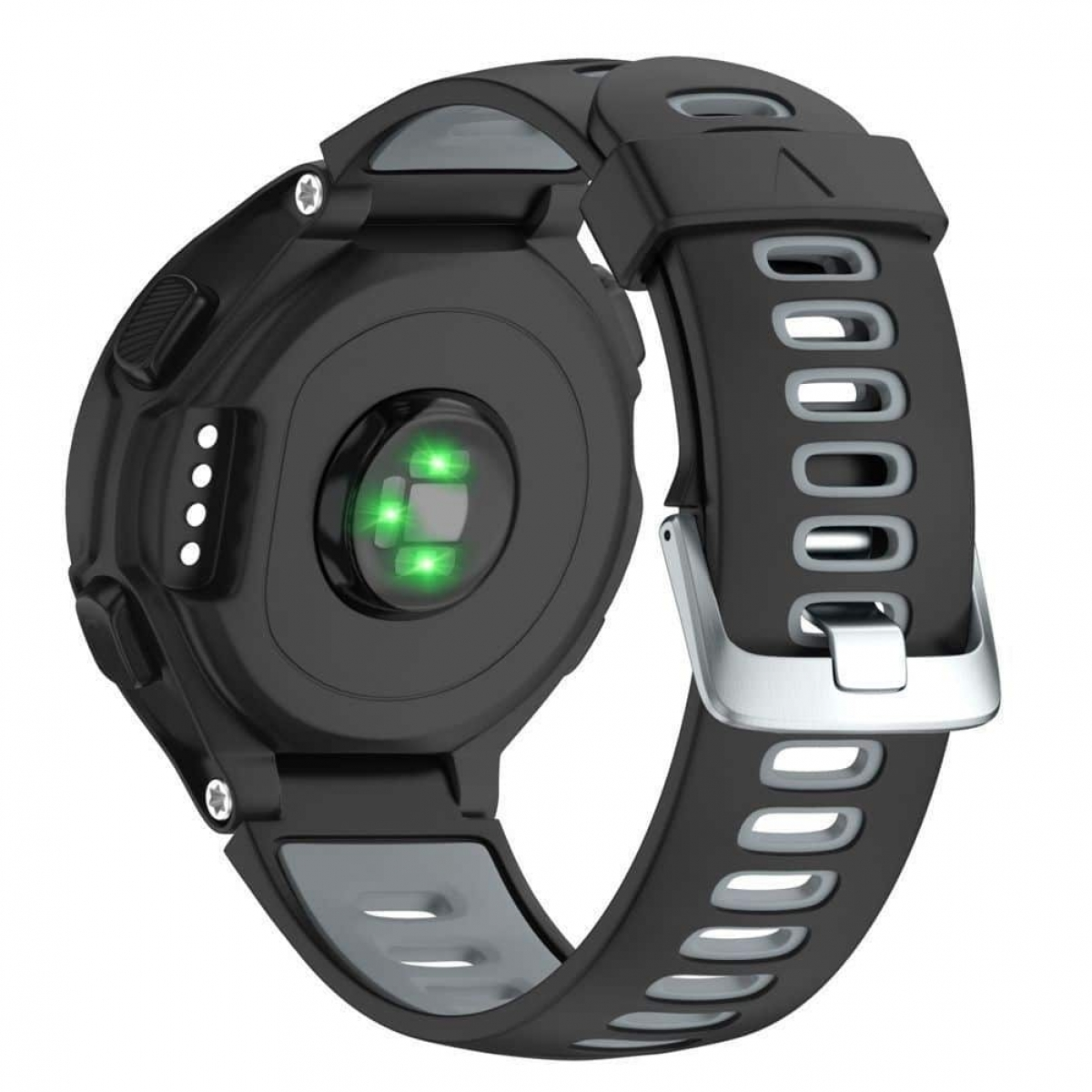 Nahaufnahme einer schwarzen Smartwatch mit grauem Armband und silberner Schnalle, die den Herzfrequenzsensor auf der Rückseite zeigt.