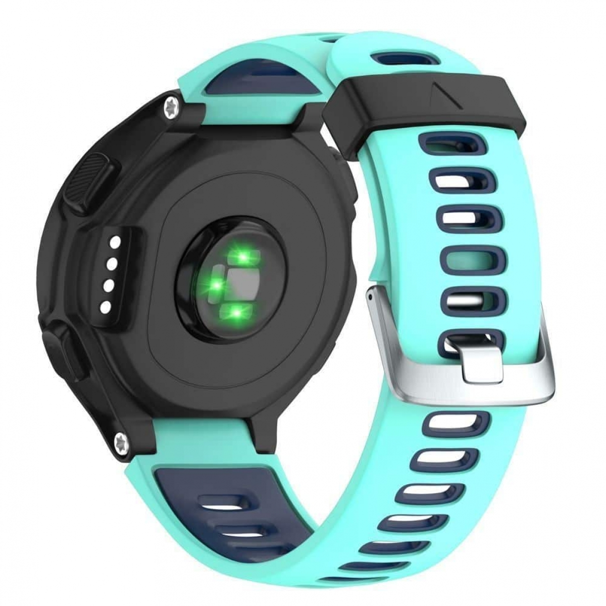 Nahaufnahme einer schwarzen Smartwatch mit einem türkisfarbenen Armband und einer silbernen Schnalle, die den Herzfrequenzsensor auf der Rückseite zeigt.