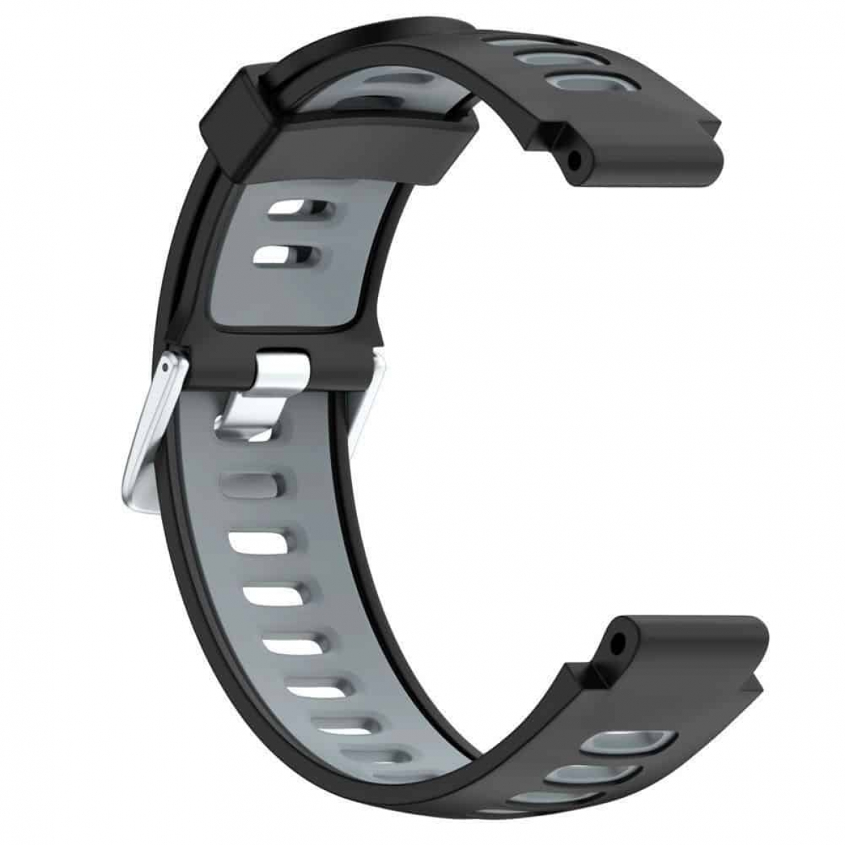 Ein schwarzes und graues Uhrenarmband mit einer silbernen Schnalle, das das Design des Armbands mit Aussparungen zeigt.