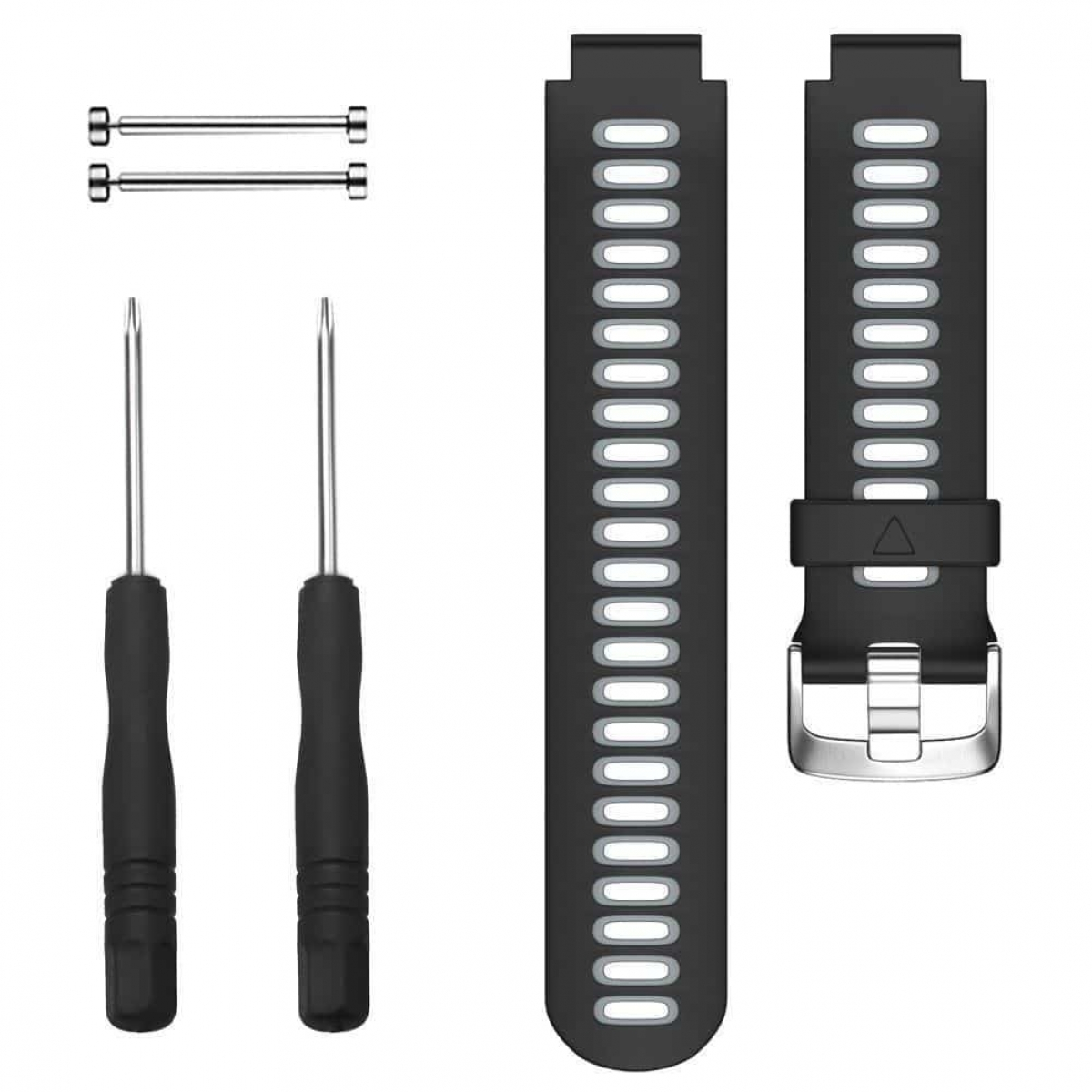 Ein schwarzes und graues Uhrenarmband, zwei Schraubendreher und zwei Metallstifte, die auf einer weißen Oberfläche angeordnet sind.
