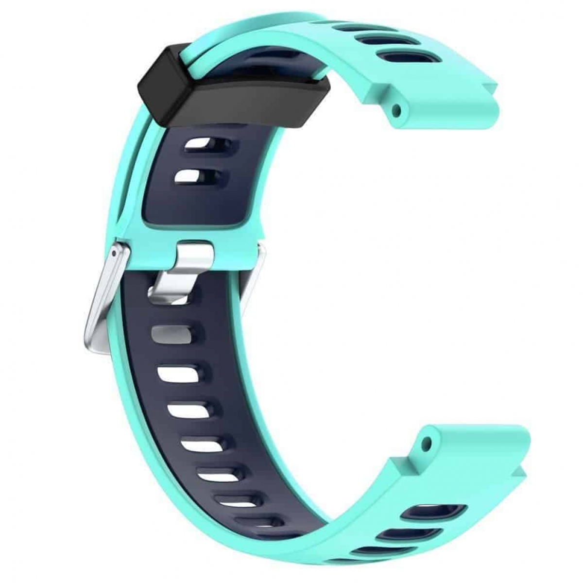 Ein türkisfarbenes und schwarzes Uhrenarmband mit einer silbernen Schnalle, das das Design des Armbands mit Aussparungen zeigt.
