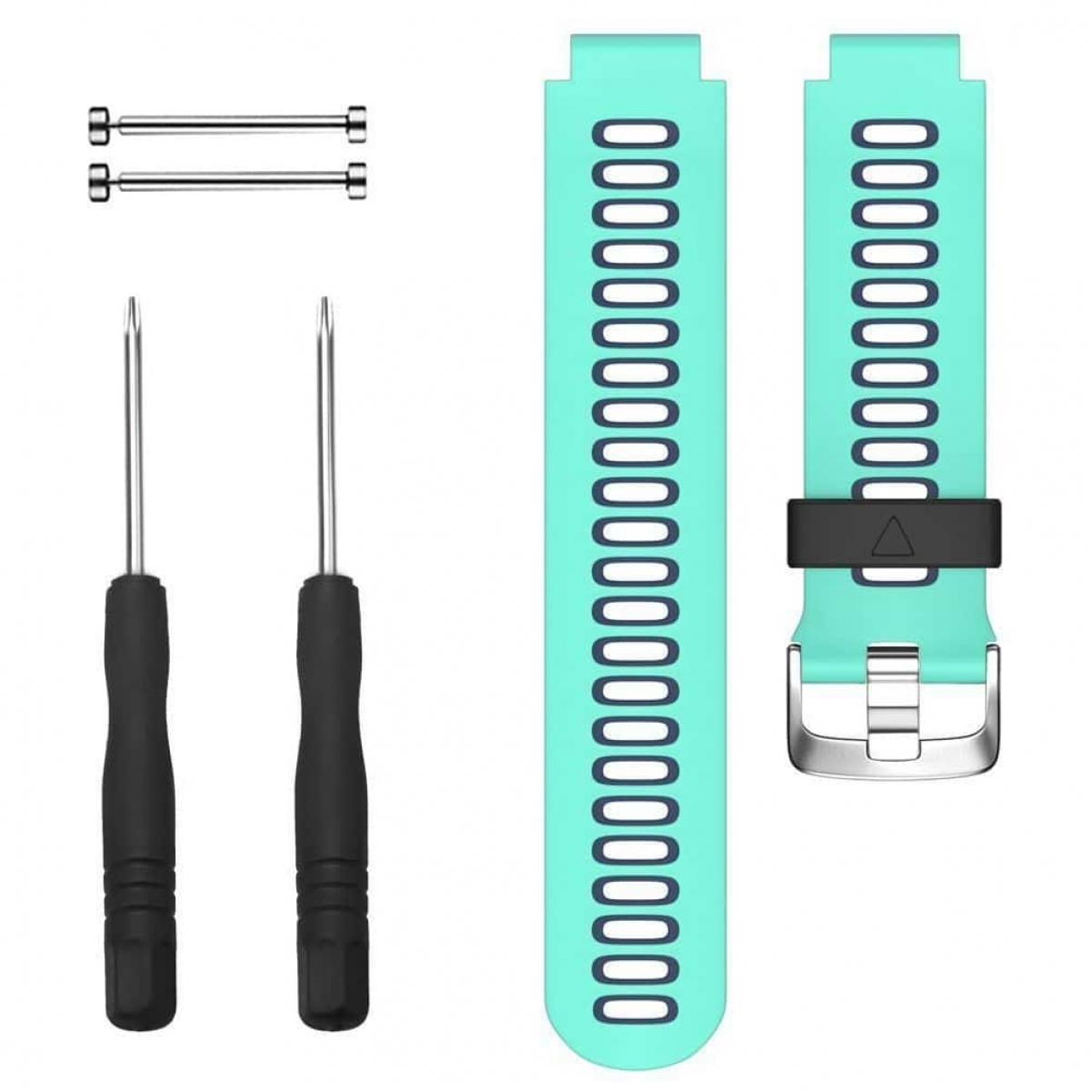 Ein türkisfarbenes und schwarzes Uhrenarmband, zwei Schraubendreher und zwei Metallstifte, die auf einer weißen Oberfläche angeordnet sind.
