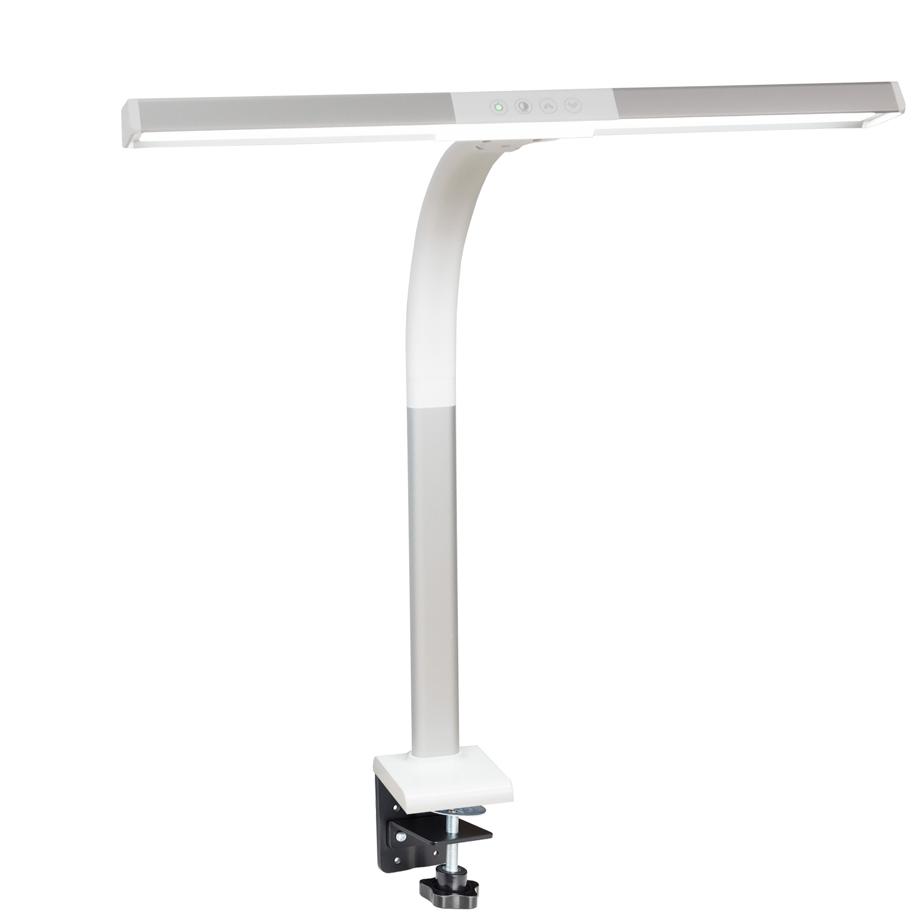 Una lampada da scrivania argentata e bianca con una pinza, su uno sfondo bianco, che mostra il suo design minimalista.