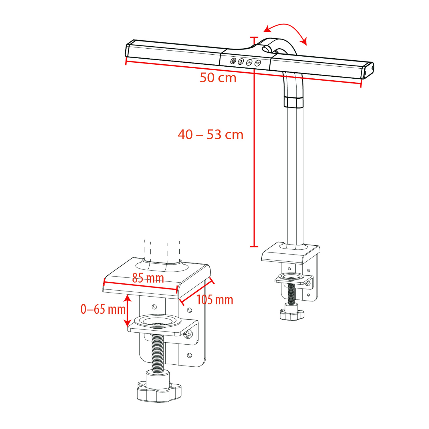 Ein Diagramm, das die Abmessungen einer Schreibtischlampe veranschaulicht und Höhen-, Breiten- und Klemmbereichsmessungen zeigt.