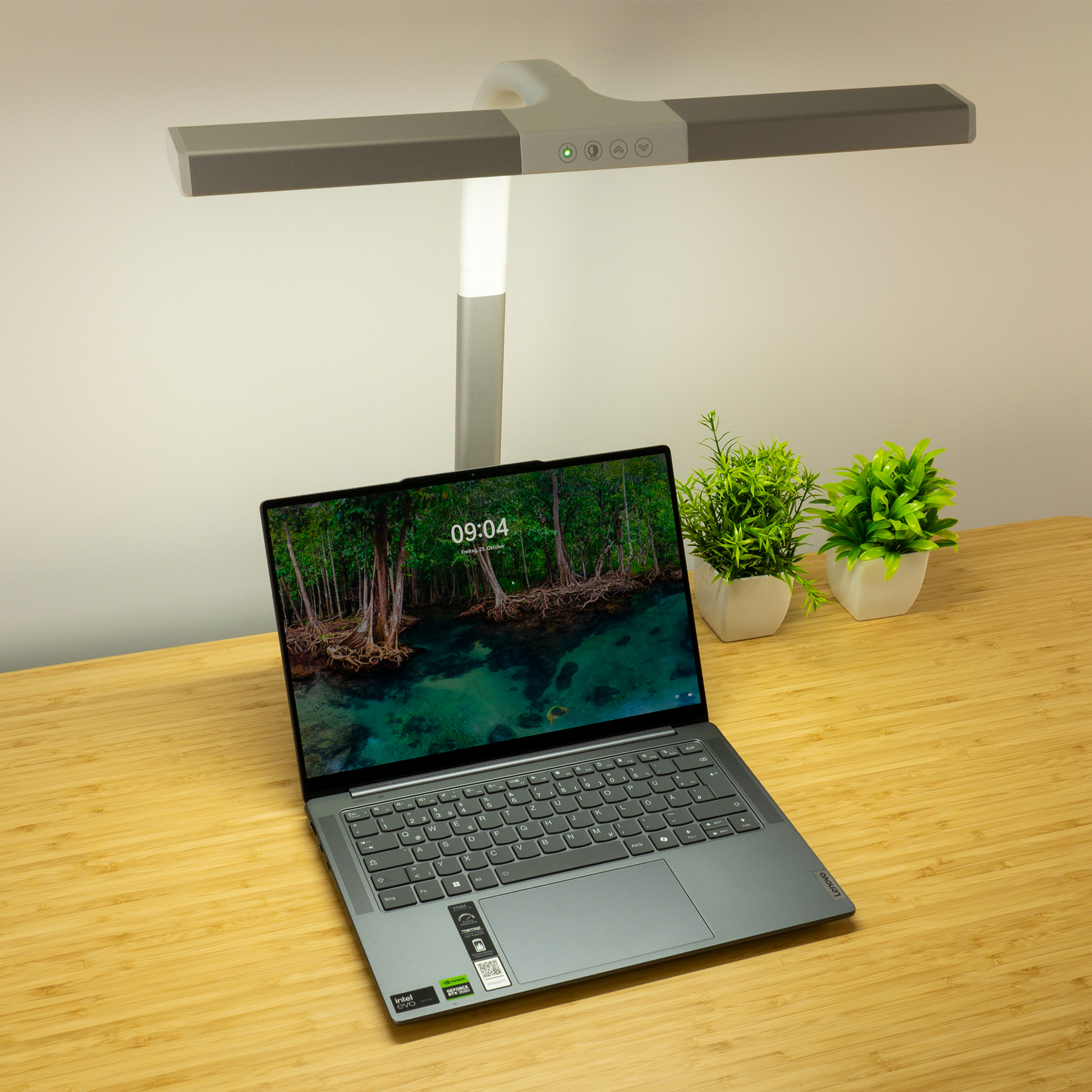 Lampada da scrivania argentata sopra un laptop e piante su una scrivania in legno, creando uno spazio di lavoro moderno.