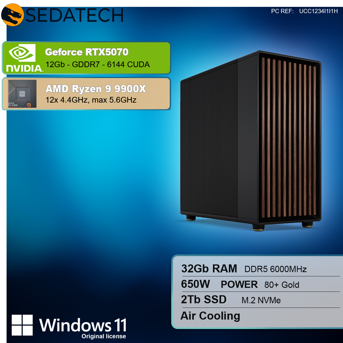 Schwarzer PC-Tower mit Holzakzenten, der Spezifikationen auf blau-grünem Hintergrund zeigt und Komponenten hervorhebt.