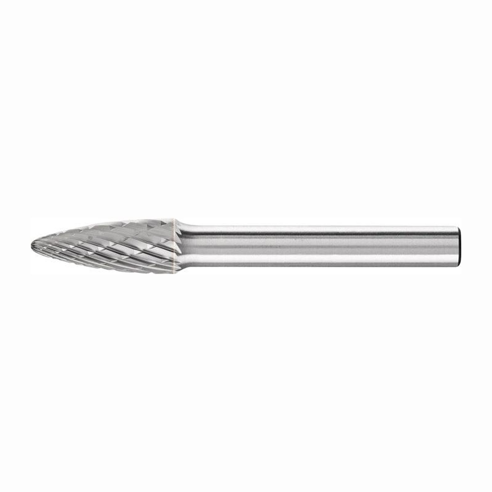 Ein silbernes Metall-Fräswerkzeug mit kegelförmigem Kopf und zylindrischem Schaft, zum Formen von Materialien.