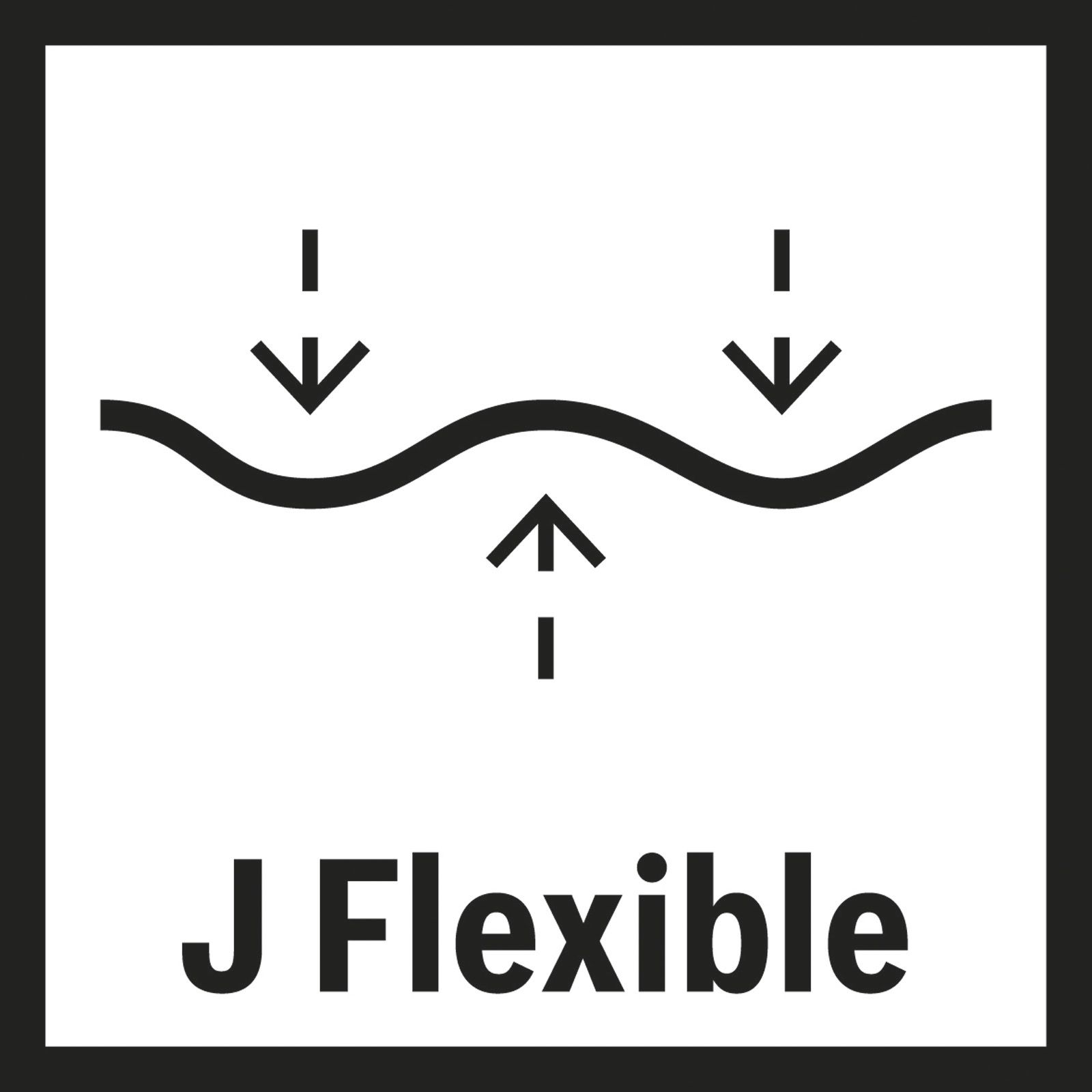 Symbol mit Pfeilen, die auf einer wellenförmigen Linie nach unten und oben zeigen. Der Text lautet 'J Flexible'.