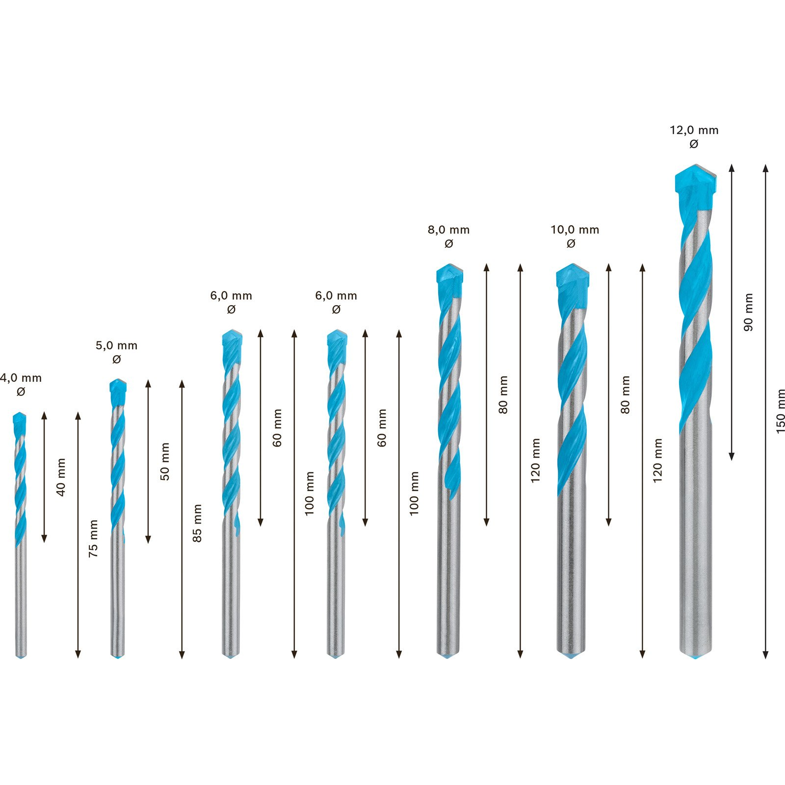 Kolekcja wierteł. Rozmiary są różne, z niebieskimi spiralnymi wzorami. Wymiary są oznaczone, do 12 mm.