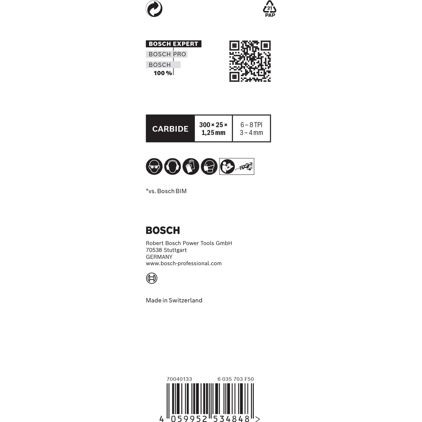 Białe opakowanie produktu z marką Bosch i informacjami o produkcie, w tym kodami QR i szczegółami tekstowymi.