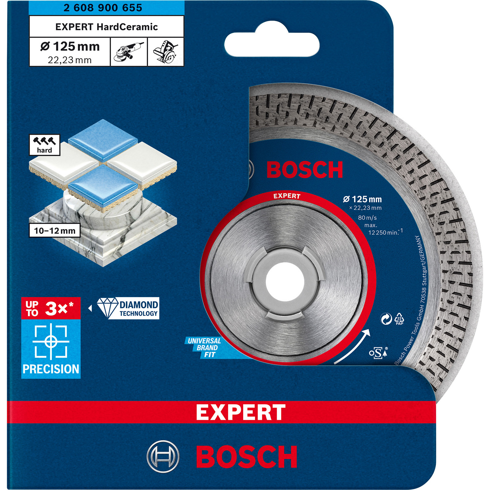 Eine blaue und silberne Schleifscheibenverpackung. Die Verpackung hat das Bosch-Logo und Produktinformationen.