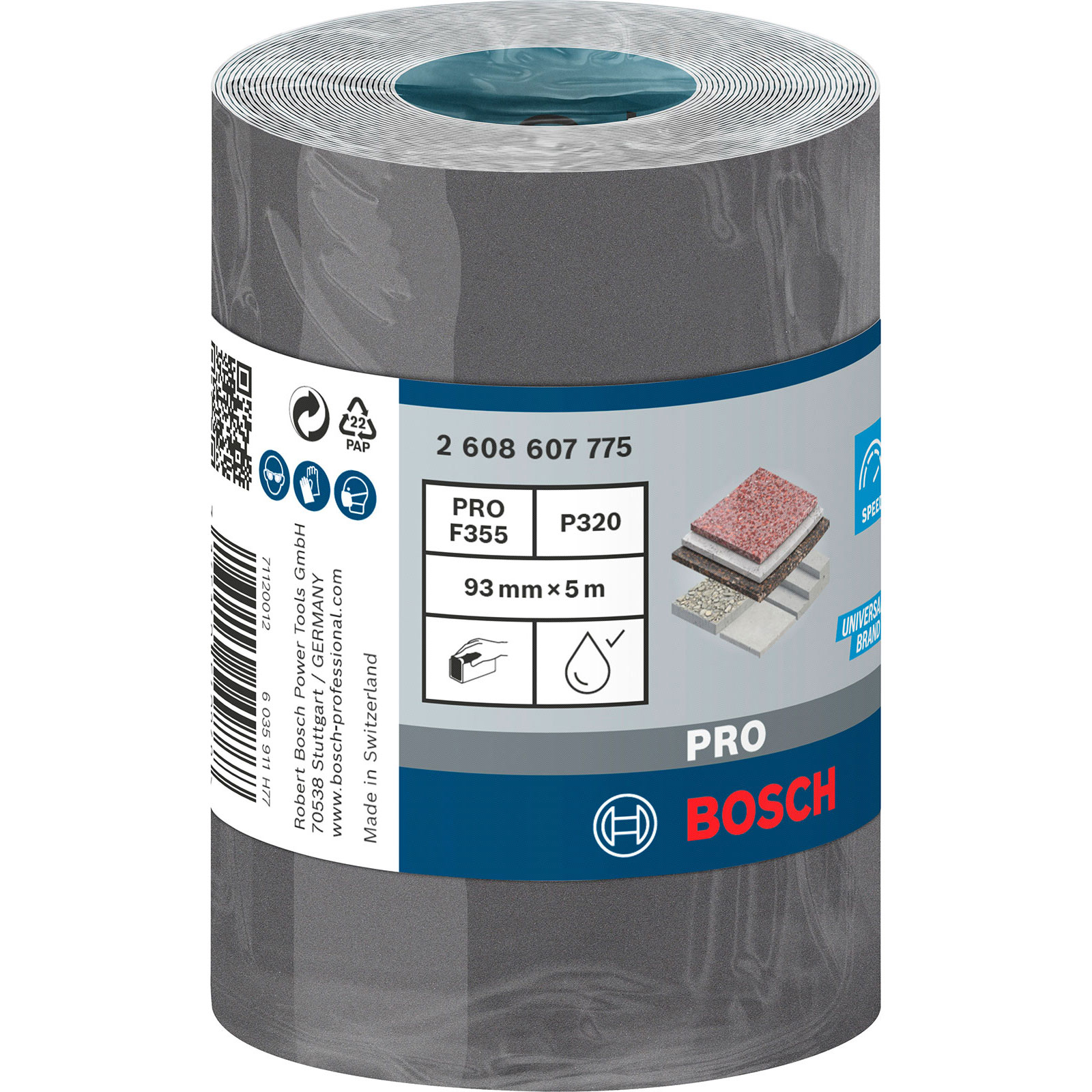 Eine aufgerollte Rolle graues Schleifpapier mit dem Bosch-Logo und Produktinformationen auf dem Etikett.