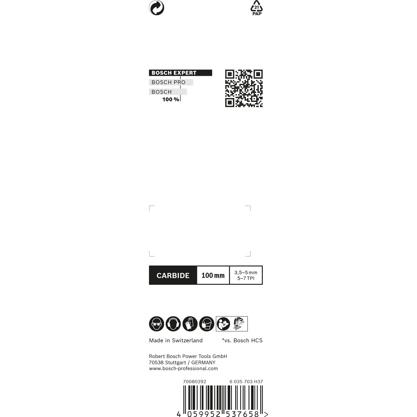 Białe tło z informacjami o produkcie Bosch, kodem QR i symbolem papieru.