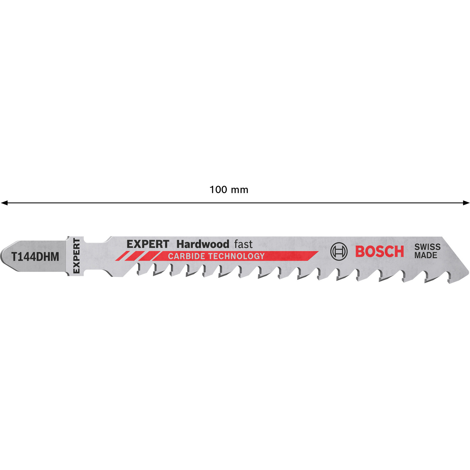 Metalowe ostrze do wyrzynarki z czarno-czerwoną etykietą, tekstem i logo Bosch.