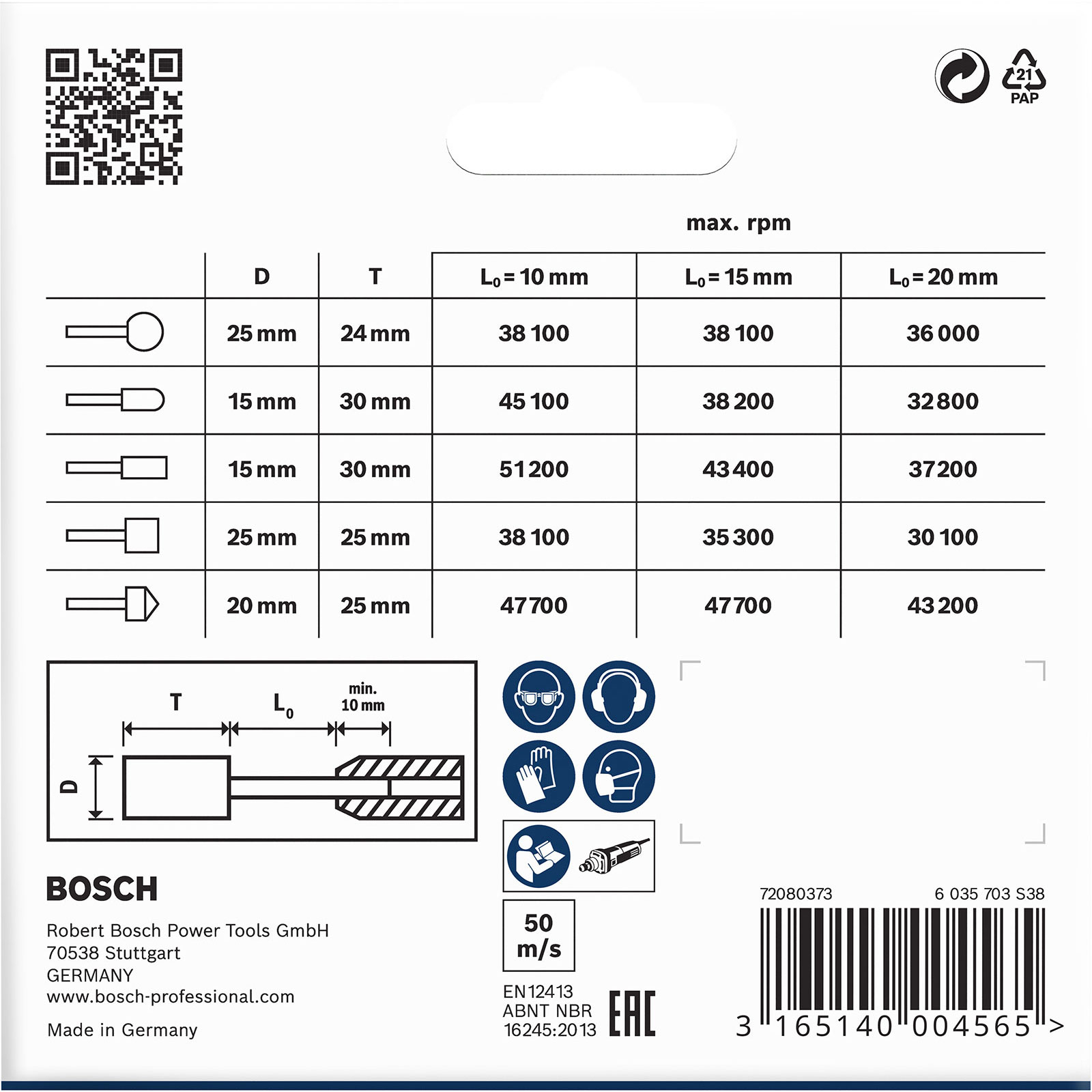 Un'etichetta bianca con dati tecnici e un diagramma. Testo: 'BOSCH' e 'Made in Germany'.