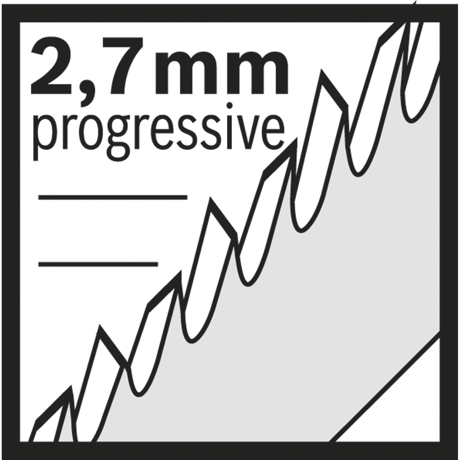 Nahaufnahme eines Sägeblattes mit dem Label '2,7 mm progressive'. Das Blatt hat abgewinkelte Zähne.